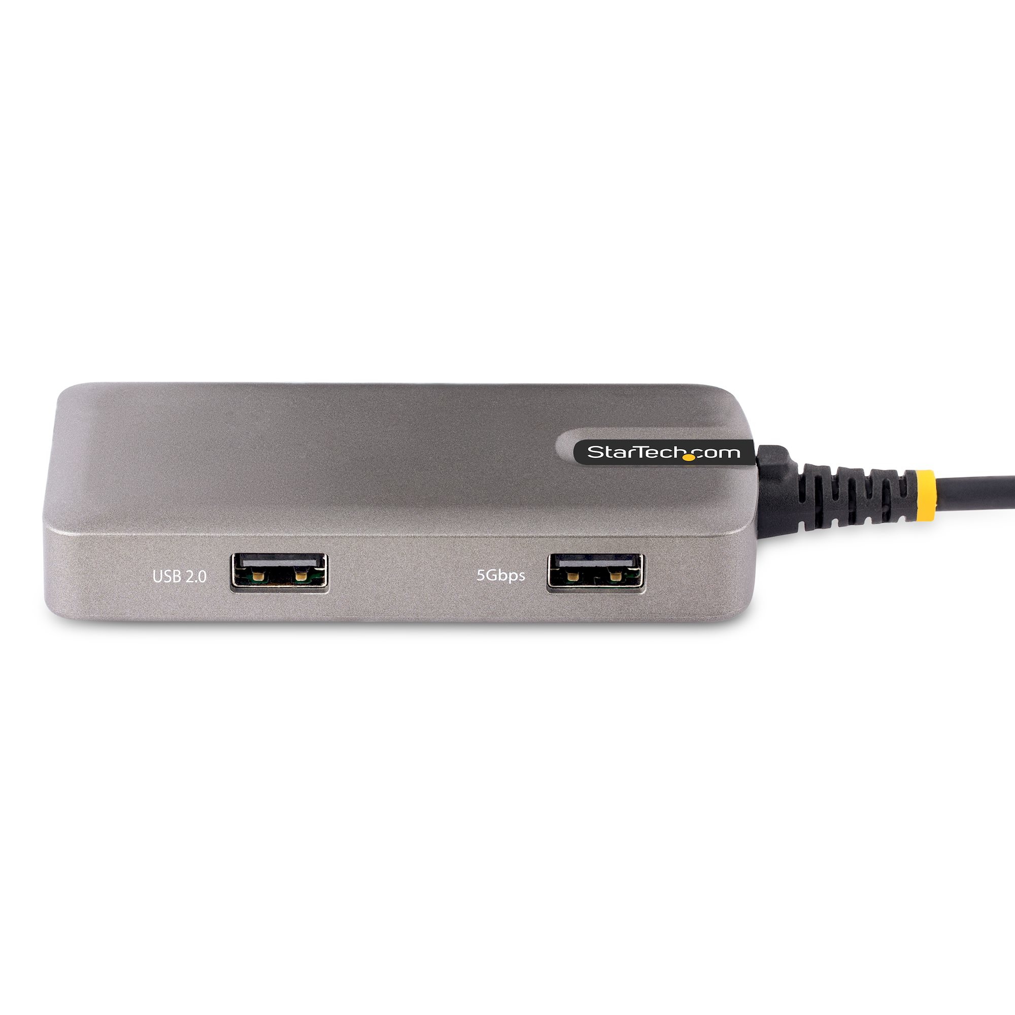 Un hub USB grigio con due porte USB 2.0 e una porta da 5 Gbps.