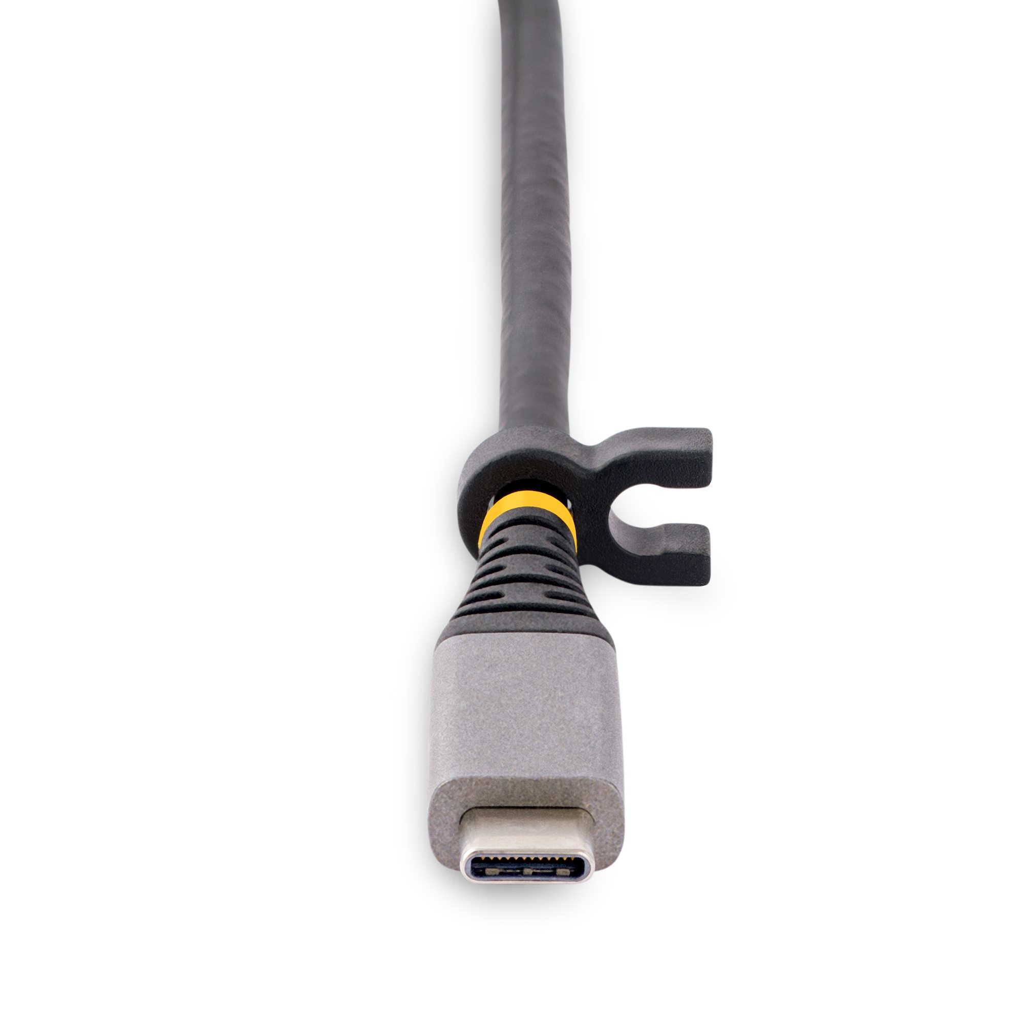 Primo piano di un cavo USB-C con una clip di gestione cavi nera.