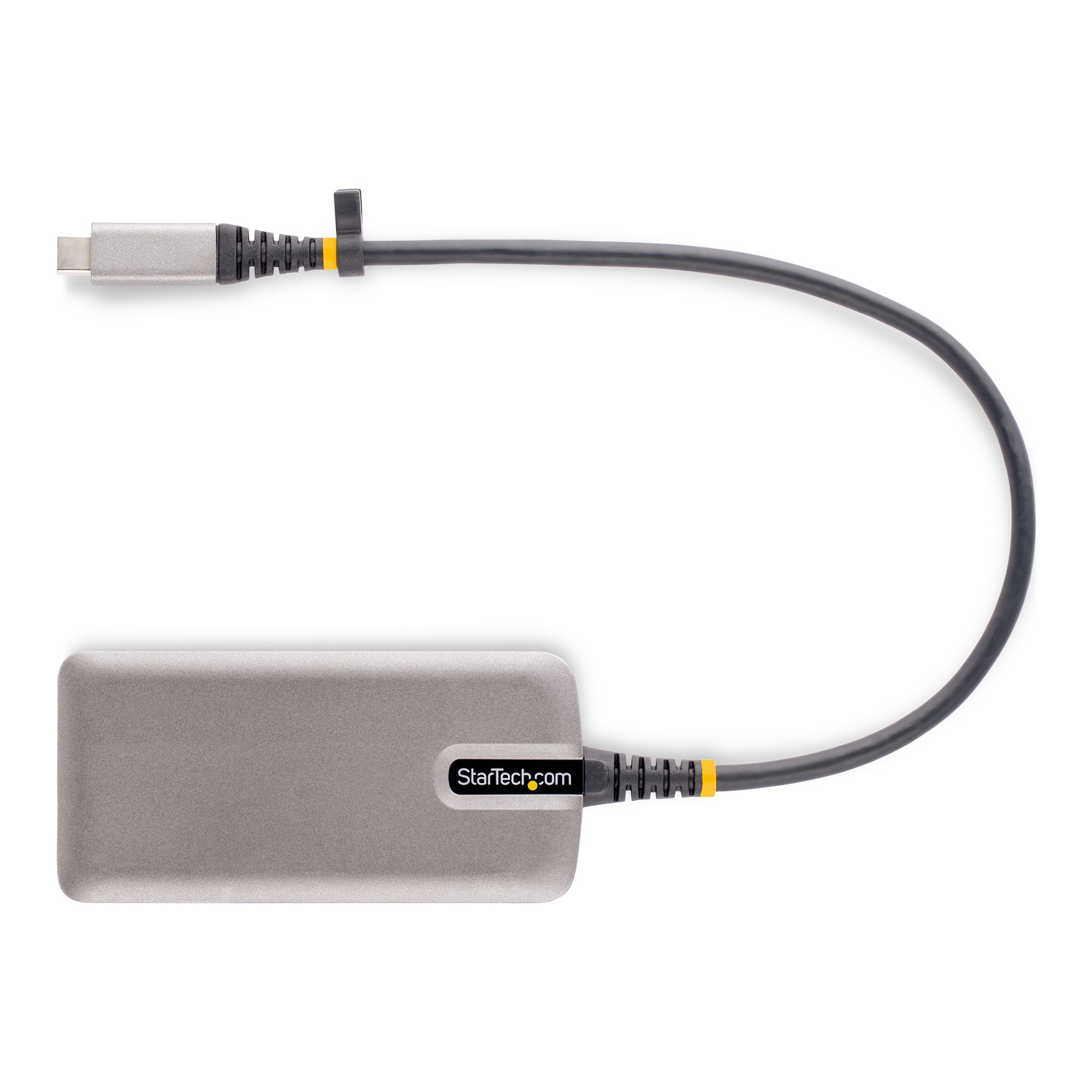 Hub Startech grigio con cavo, isolato su sfondo bianco.