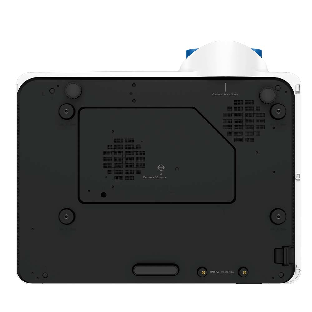 Spód białego projektora z czarną podstawą i różnymi portami.