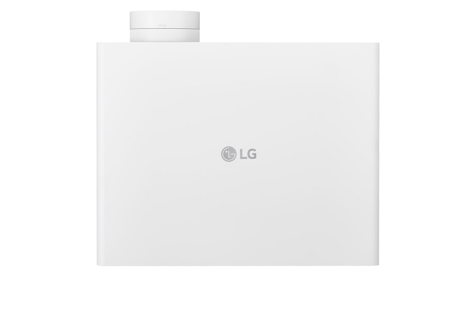 Projektor LG z białą obudową i obiektywem na górze, z widocznym logo LG.
