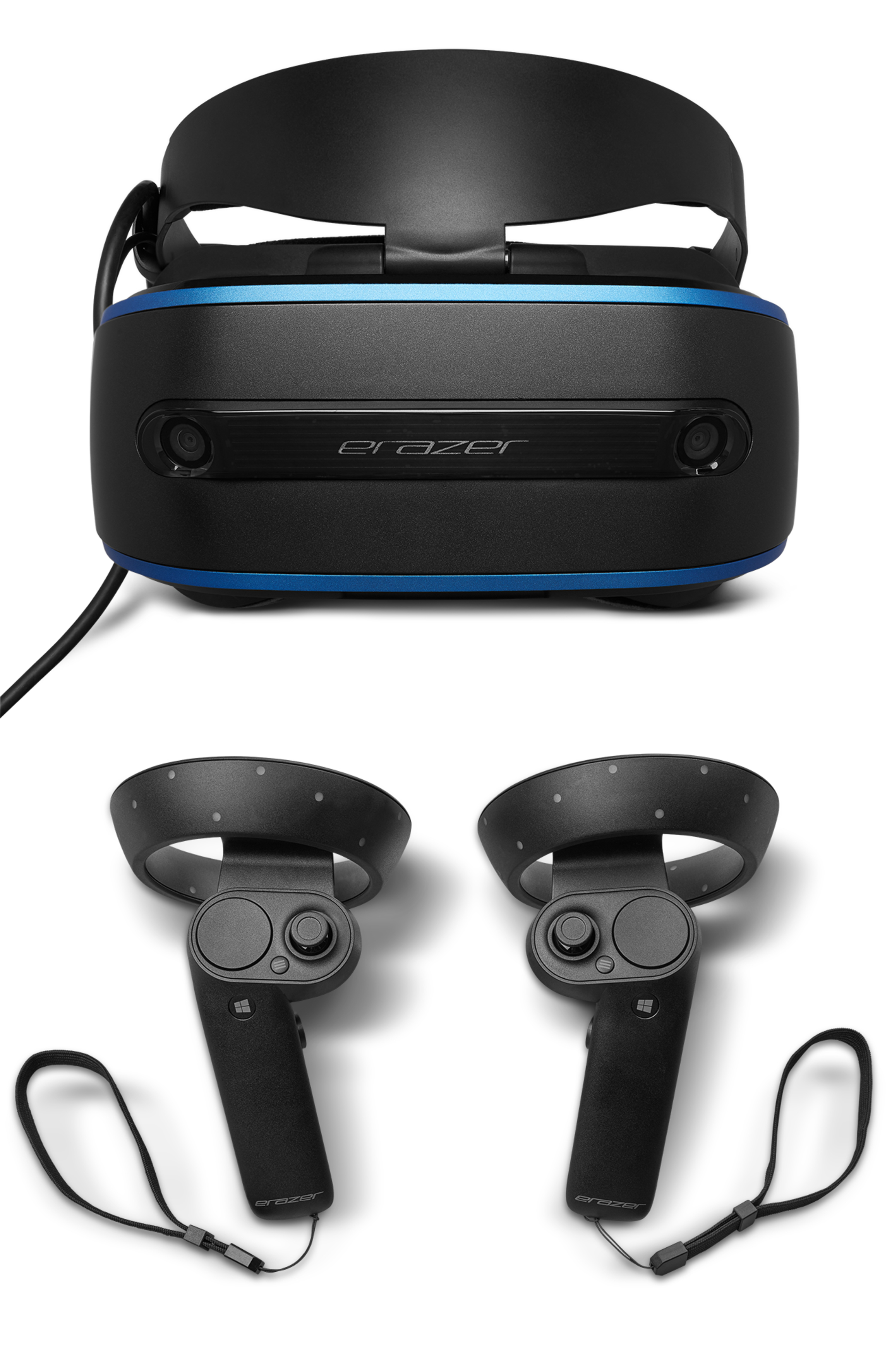 Ein VR-Headset mit Controllern. Das Headset ist schwarz mit einem blauen Streifen. Die Controller sind schwarz.