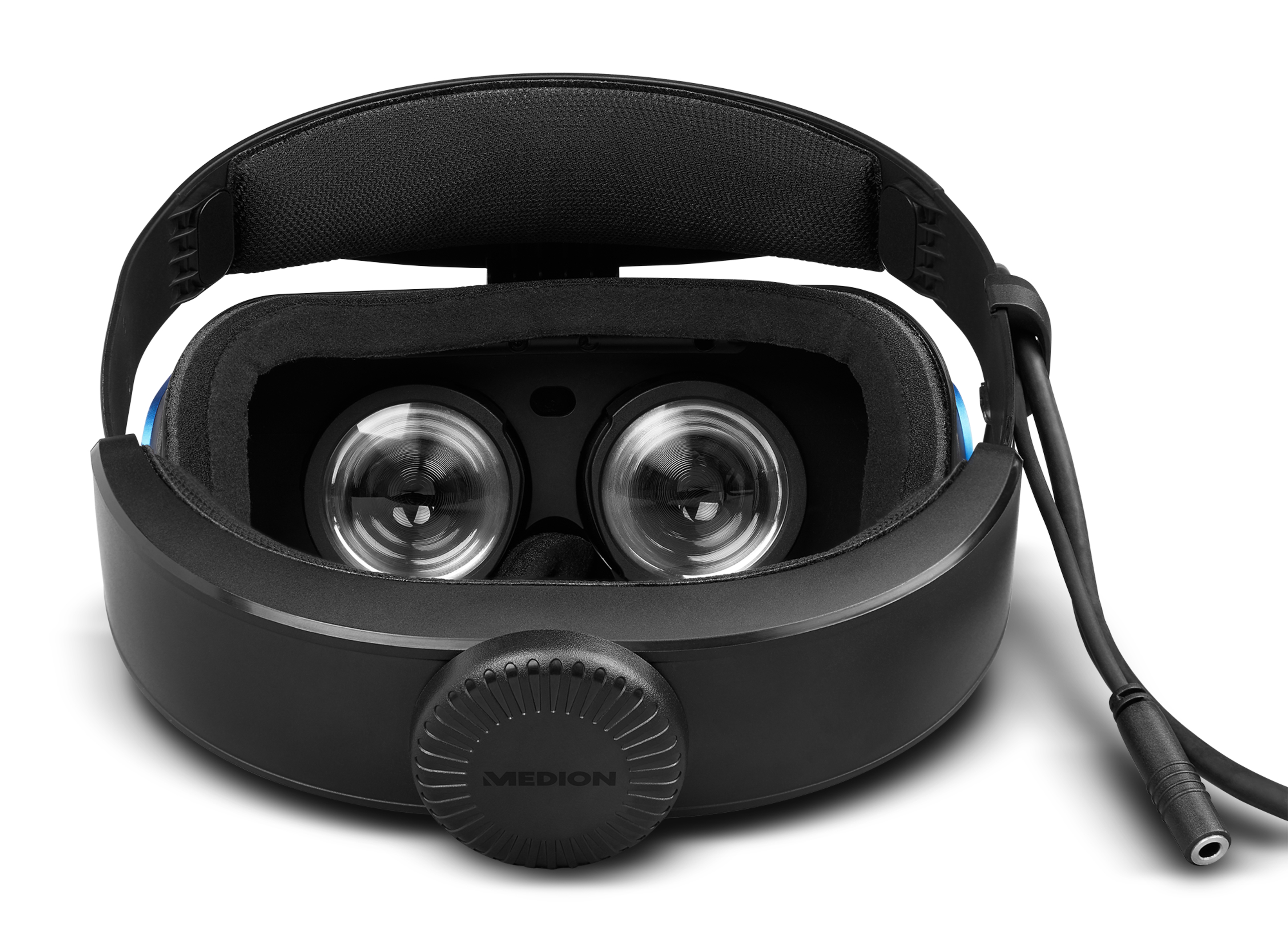Schwarzes VR-Headset mit Linsen und einem Drehregler auf weißem Hintergrund.