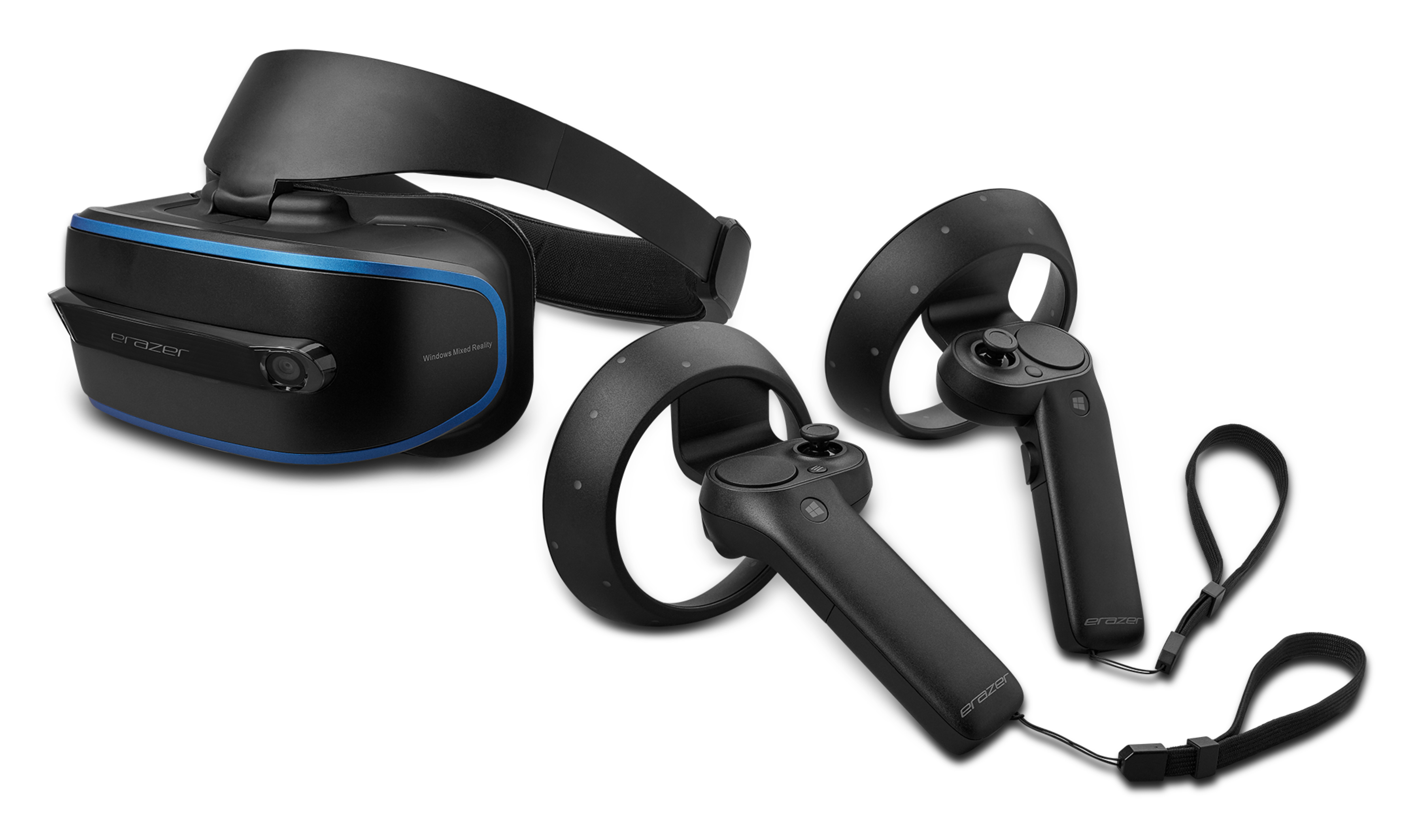 VR-Headset und Controller, schwarz mit blauen Akzenten.