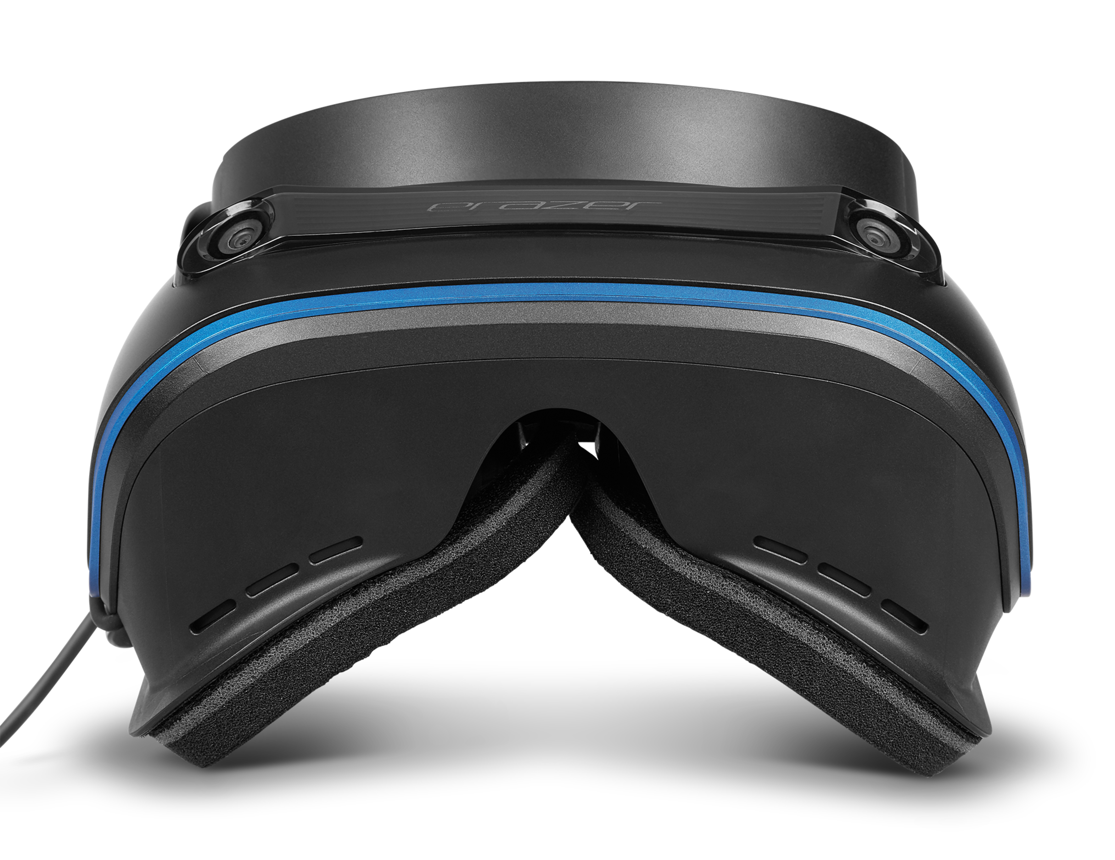 Schwarzes VR-Headset mit blauen Akzenten. Es hat ein Kopfband und Augenabdeckungen mit schwarzem Kabel.