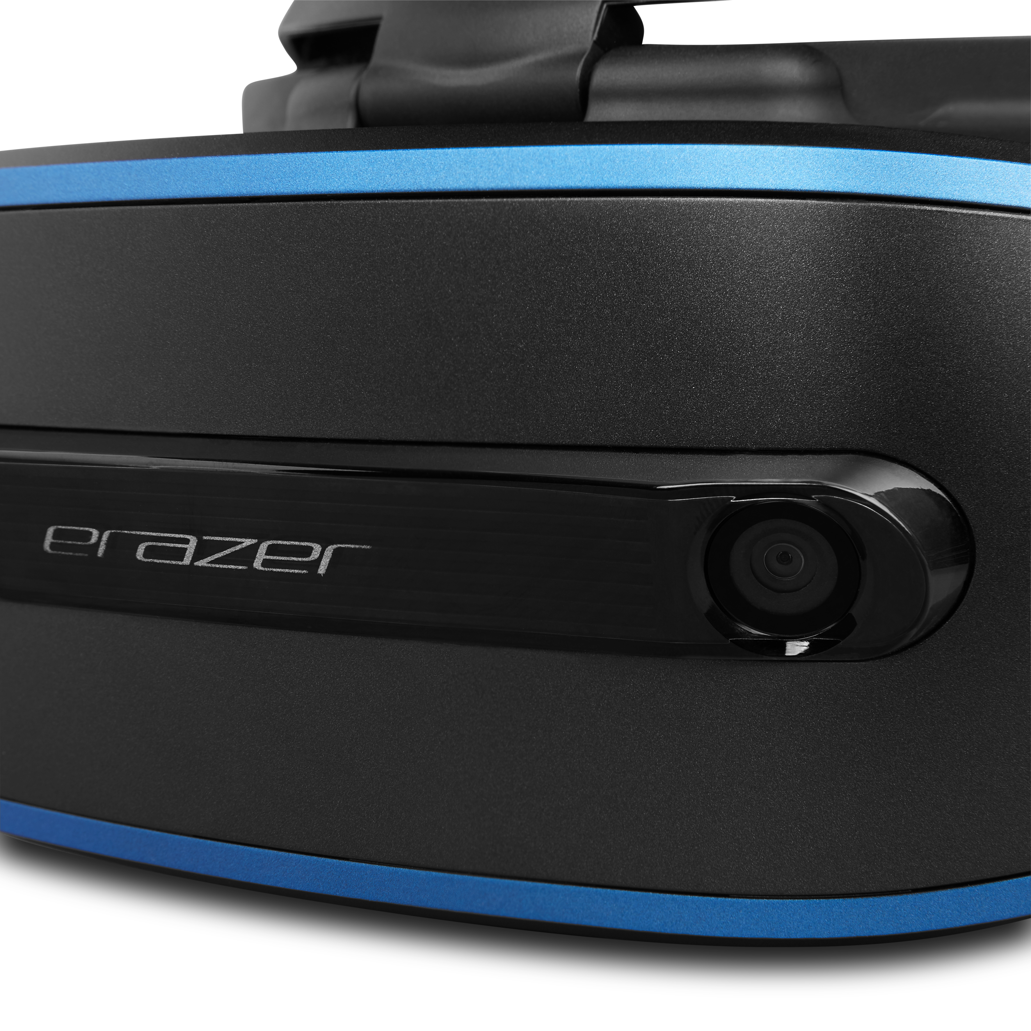 Nahaufnahme eines VR-Headsets, schwarz und blau, mit dem Markennamen 'eRazer'.