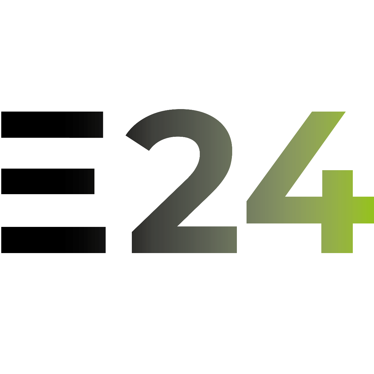 Het E24-logo, zwarte horizontale balken met een verloop van groen naar grijs 24.