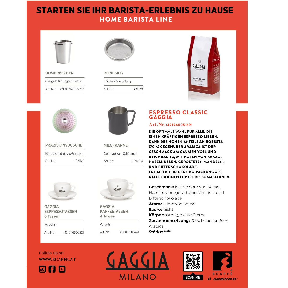 Plakat promocyjny z akcesoriami do parzenia kawy i torbą kawy z tekstem w języku niemieckim.