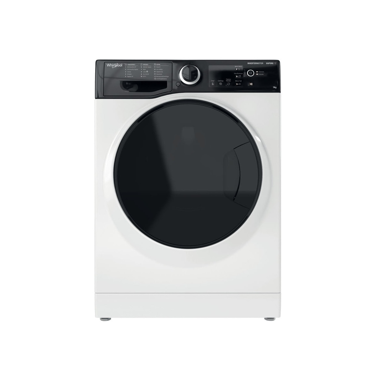 Widok z przodu białej suszarki Whirlpool z czarnymi drzwiami.