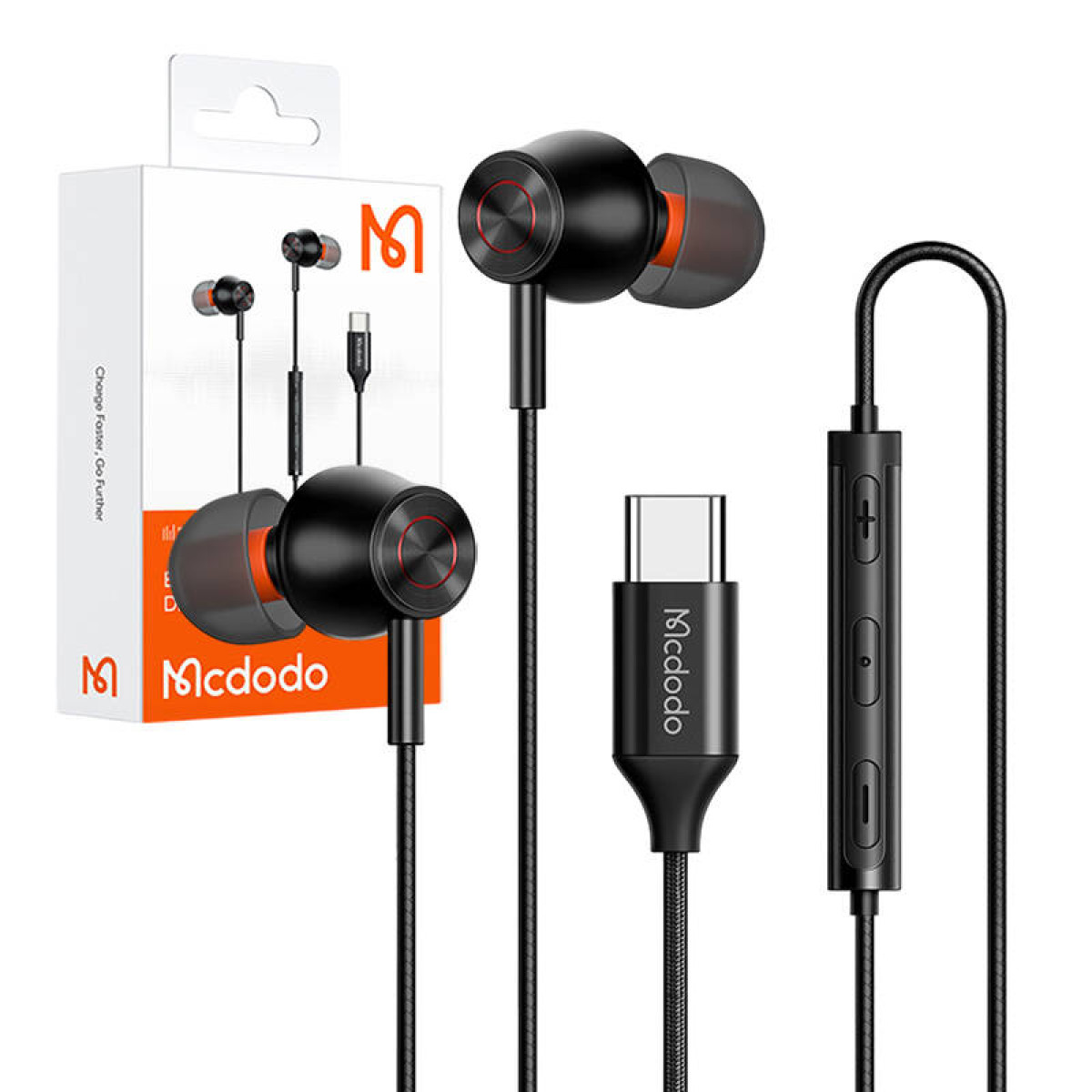 Auricolari neri con dettagli rossi, scatola bianca. Connettore USB-C e controllo volume, sfondo bianco.