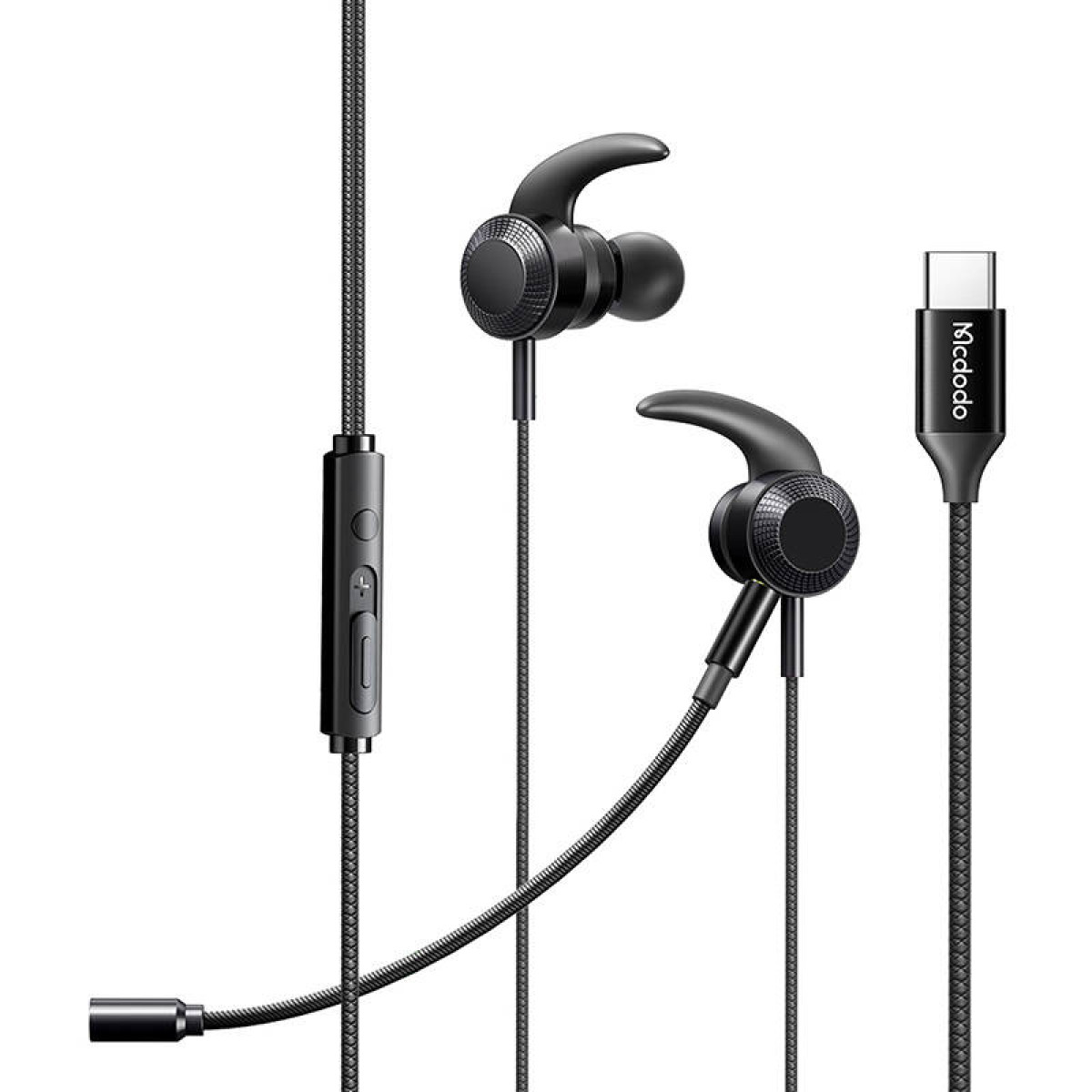 Schwarze Sport-Ohrhörer mit Steuerung und USB-C-Anschluss. Kabel sind schwarz.