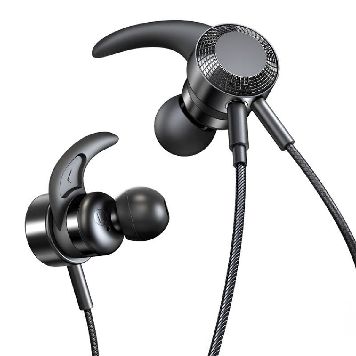 Schwarze Sport-Ohrhörer mit Ohrbügeln und metallischem Finish.
