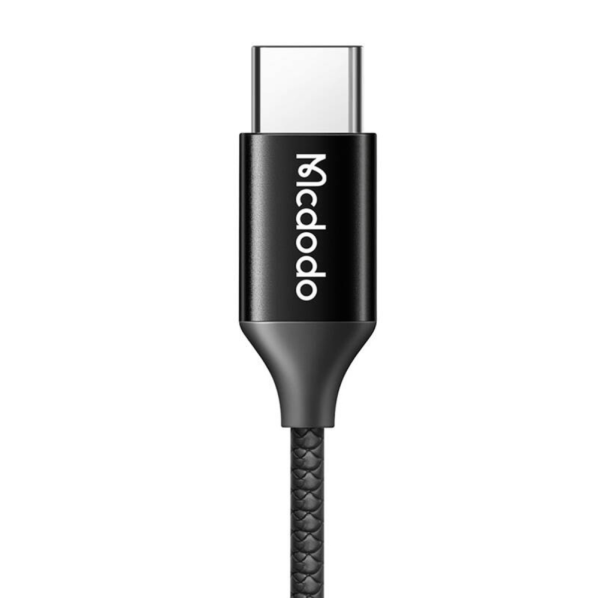 Ein schwarzes USB-C-Kabel mit einem weißen 'Mcdodo'-Logo darauf.
