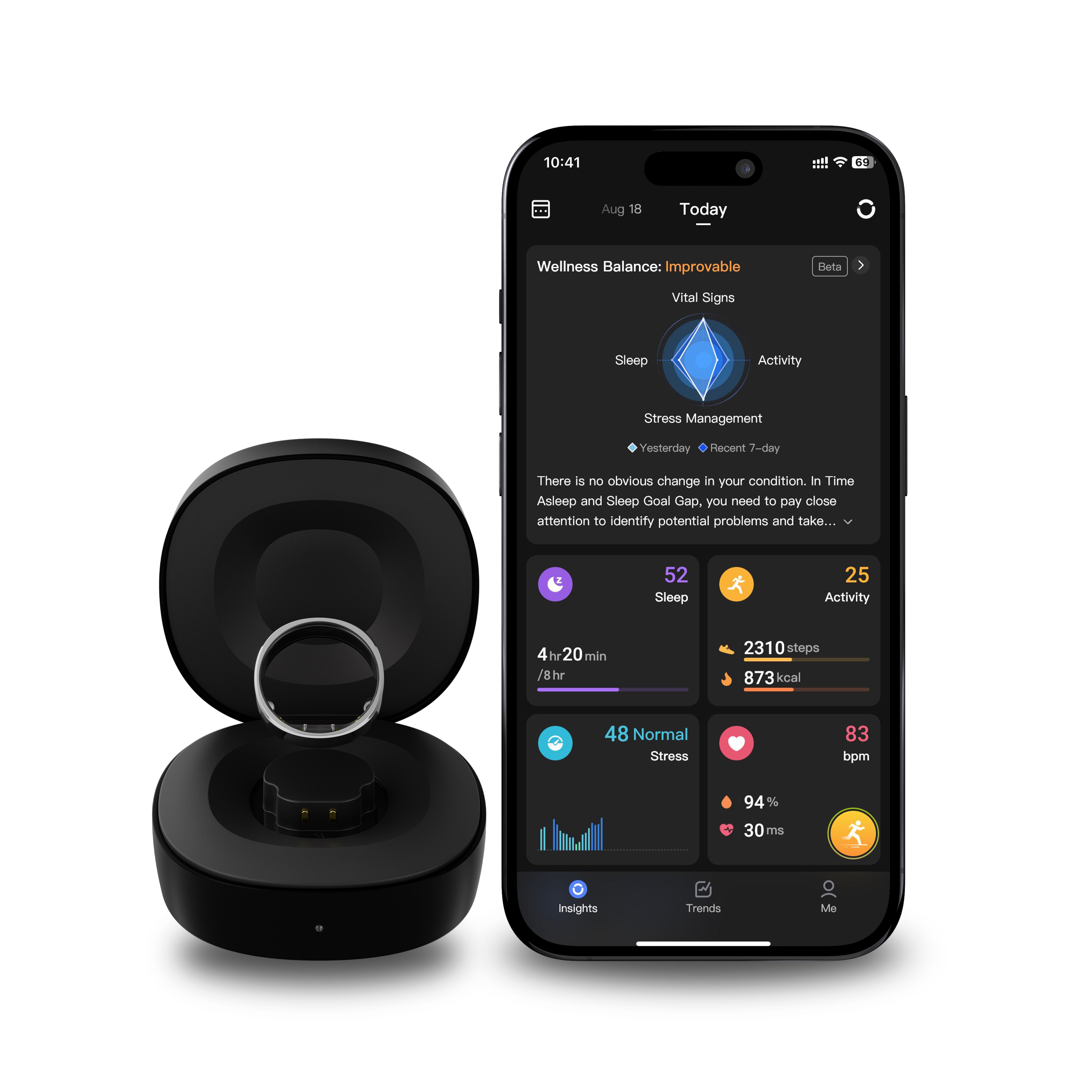 Smartwatch mit App auf dem Bildschirm, Ladestation und schwarzem Hintergrund.