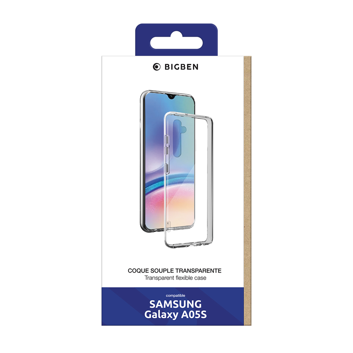 Scatola con una custodia trasparente per telefono Samsung Galaxy A05S. Mostra il telefono e la custodia in plastica trasparente.