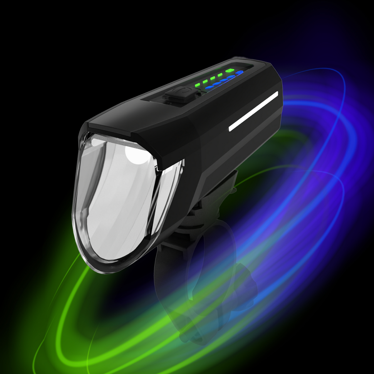 Schwarzes Fahrradlicht mit klarer Linse, umgeben von blauen und grünen Lichtspuren.