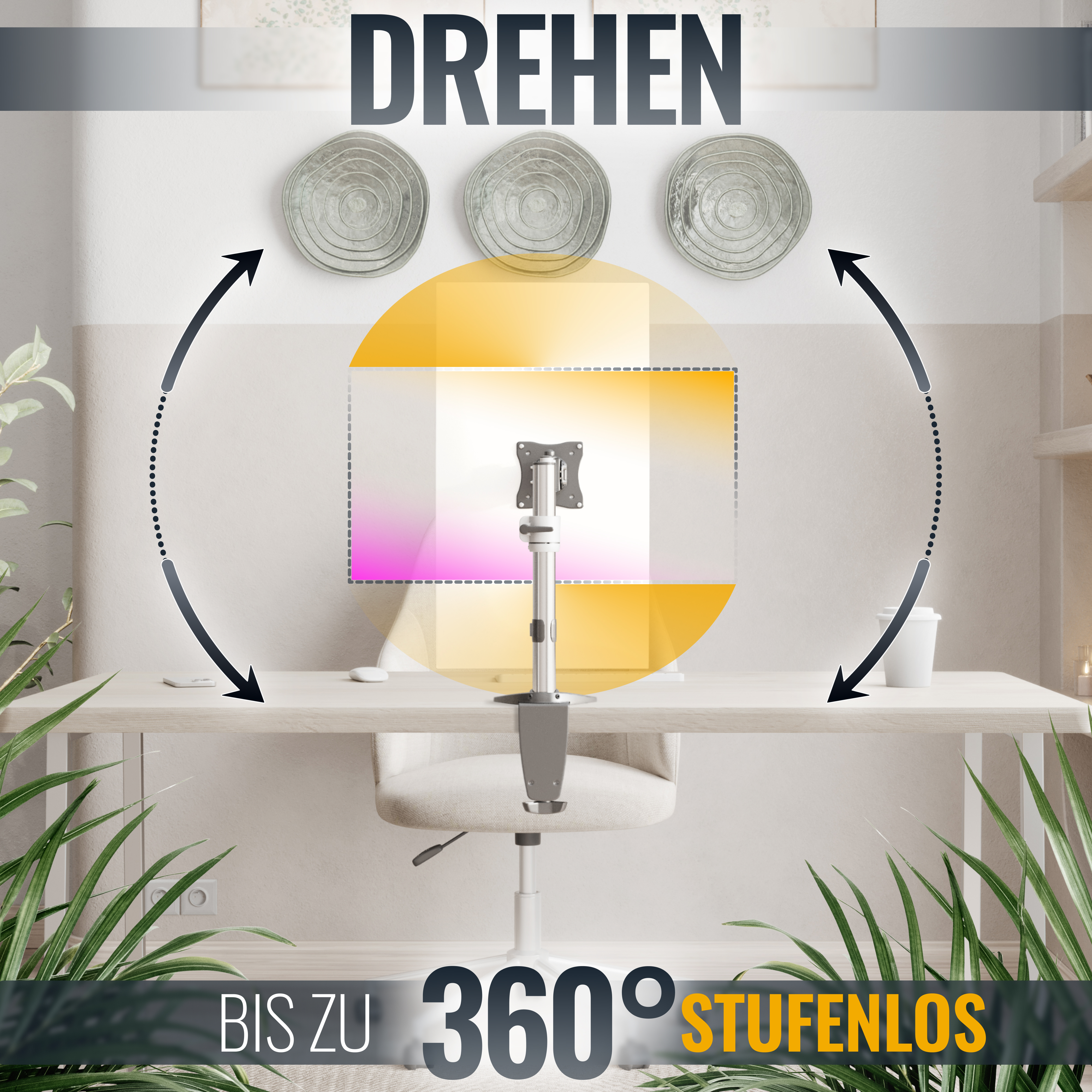 Ein Schreibtisch mit Monitorarm, der Monitor dreht sich, mit dem Wort DREHEN.