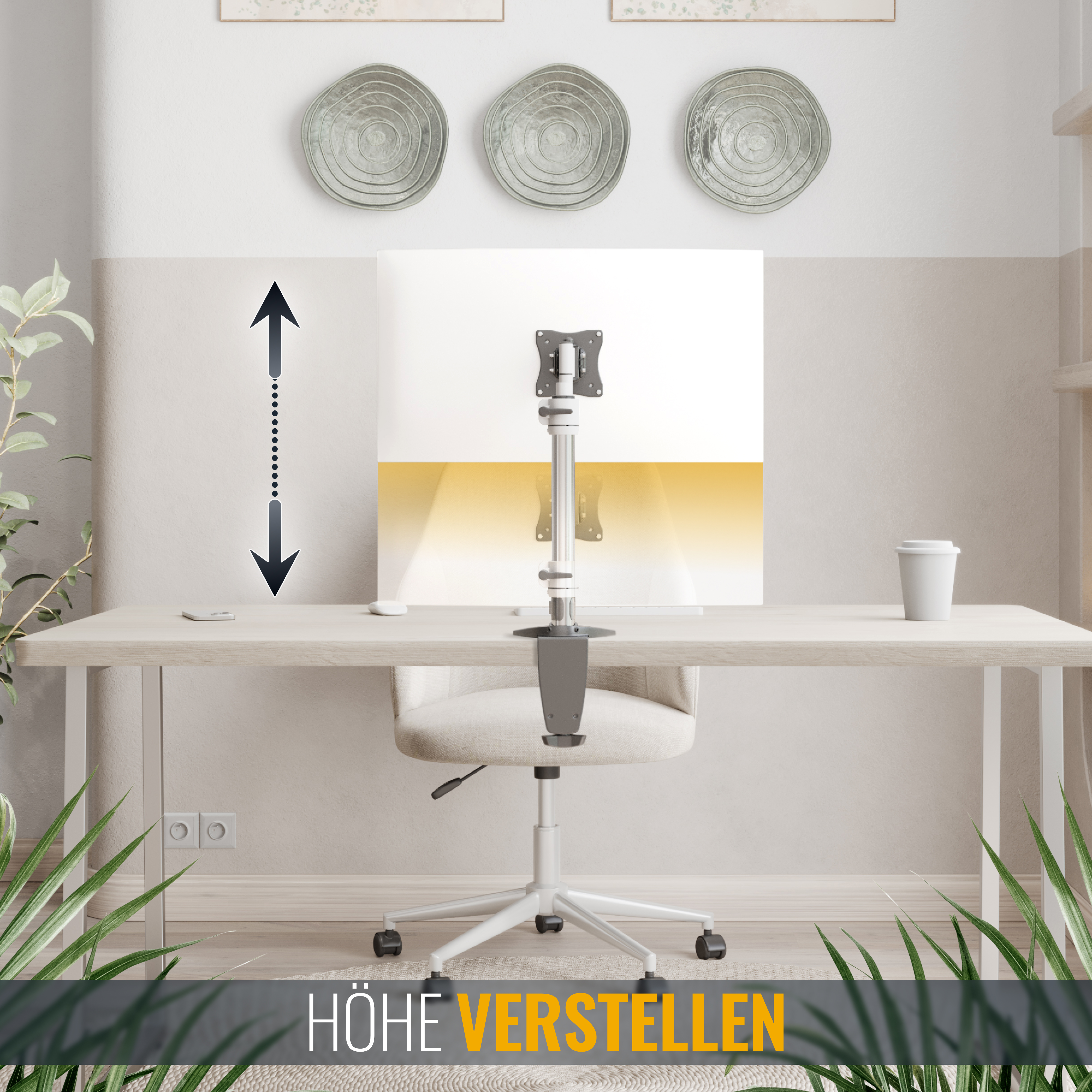 Ein Schreibtisch mit verstellbarem Monitorständer. Ständer und Schreibtisch sind grau und weiß, mit Pfeil.