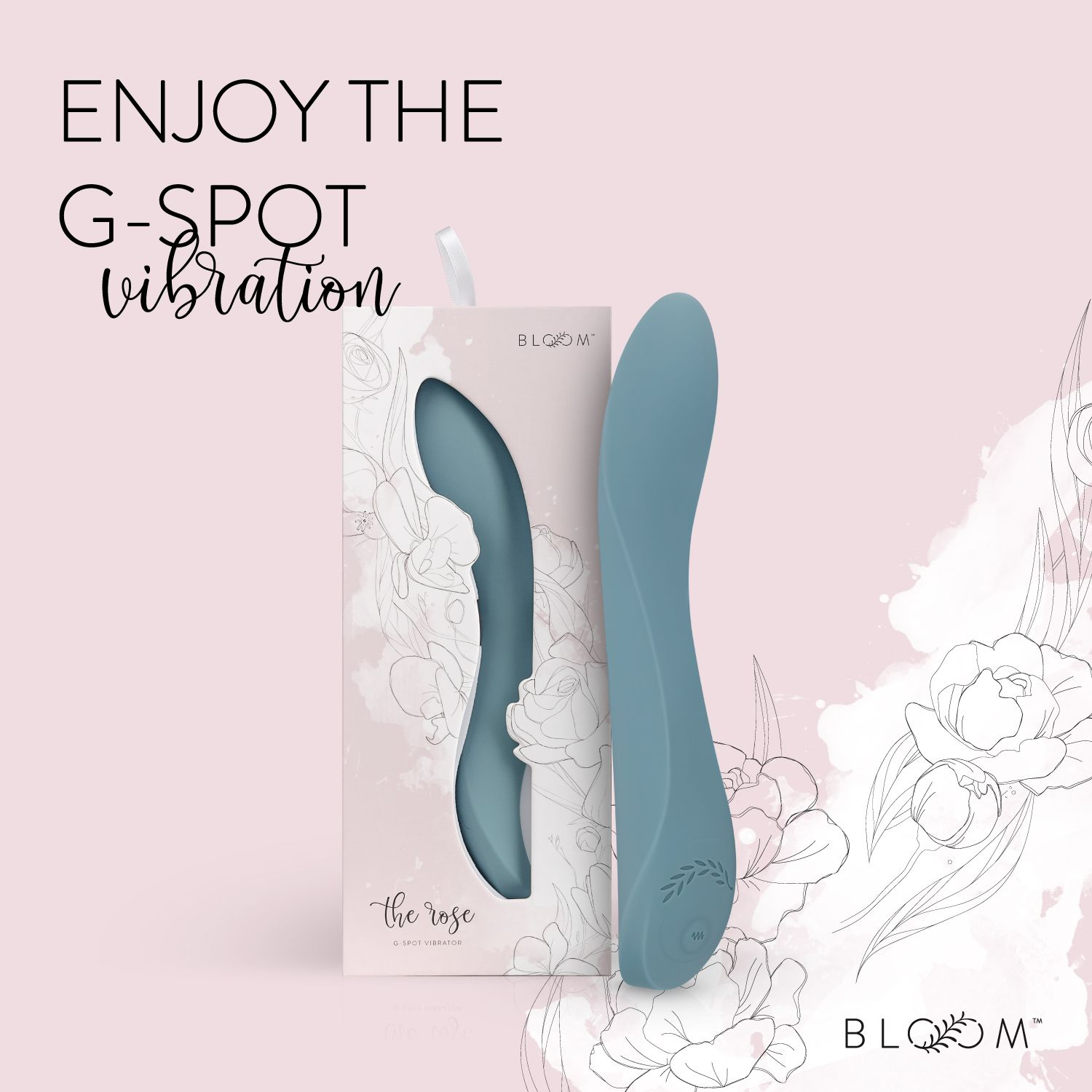 Box mit blauem G-Punkt-Vibrator, Blumendesigns und Markenname. Pinker Hintergrund.