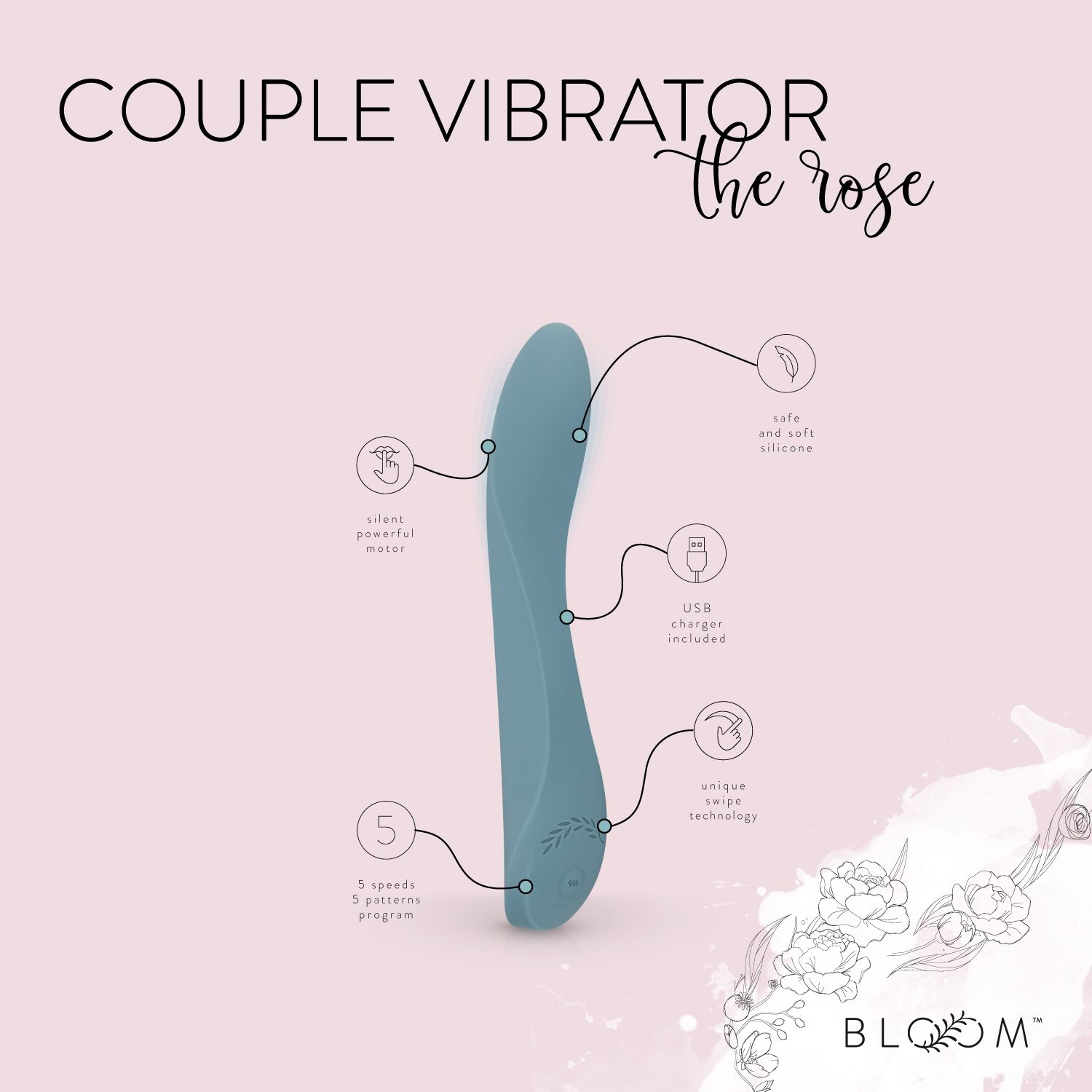Paar-Vibrator, hellblau, mit Annotationen, die Funktionen zeigen.