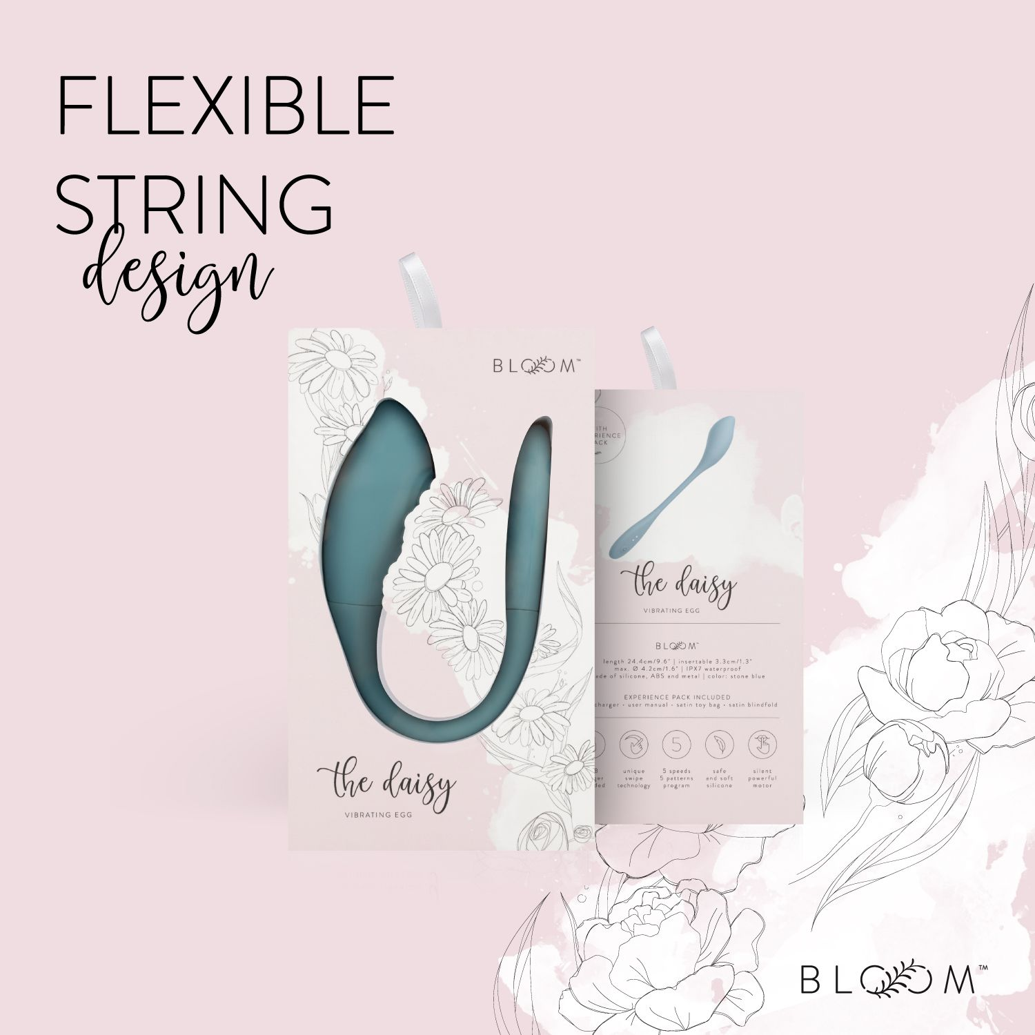 Die Box und das Produkt für ein türkisfarbenes Vibratorei mit String-Design.