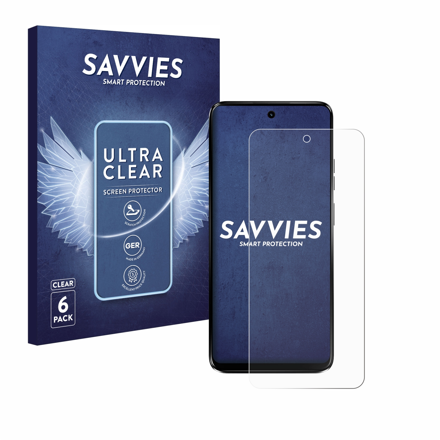 Handy-Displayschutzfolie und Box. Die Box ist blau und weiss. Weisser Hintergrund.