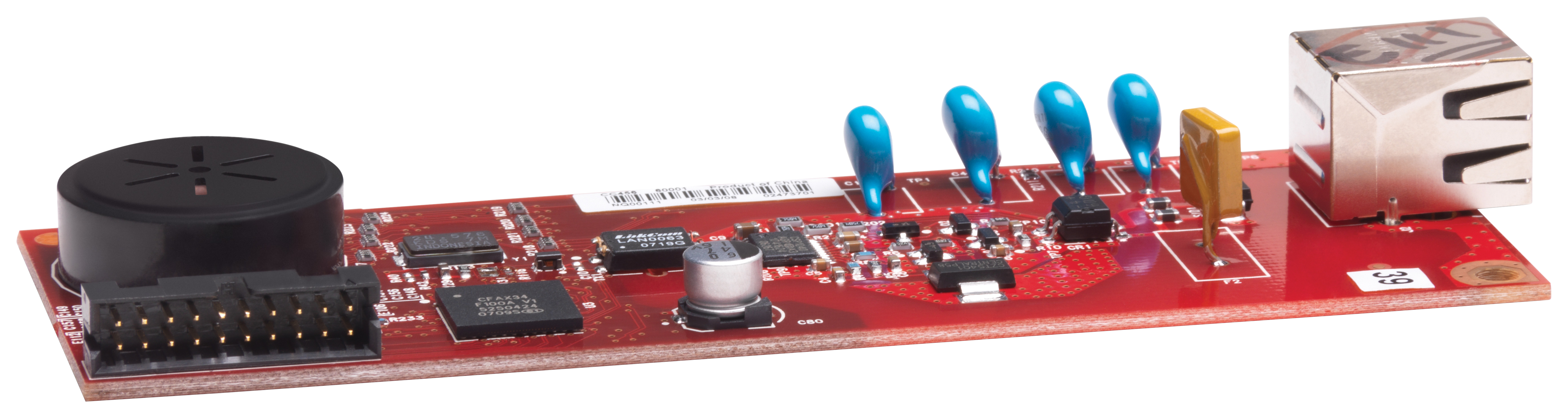 Una placa de circuito roja con componentes, etiquetada con USB y otros puertos de conexión.