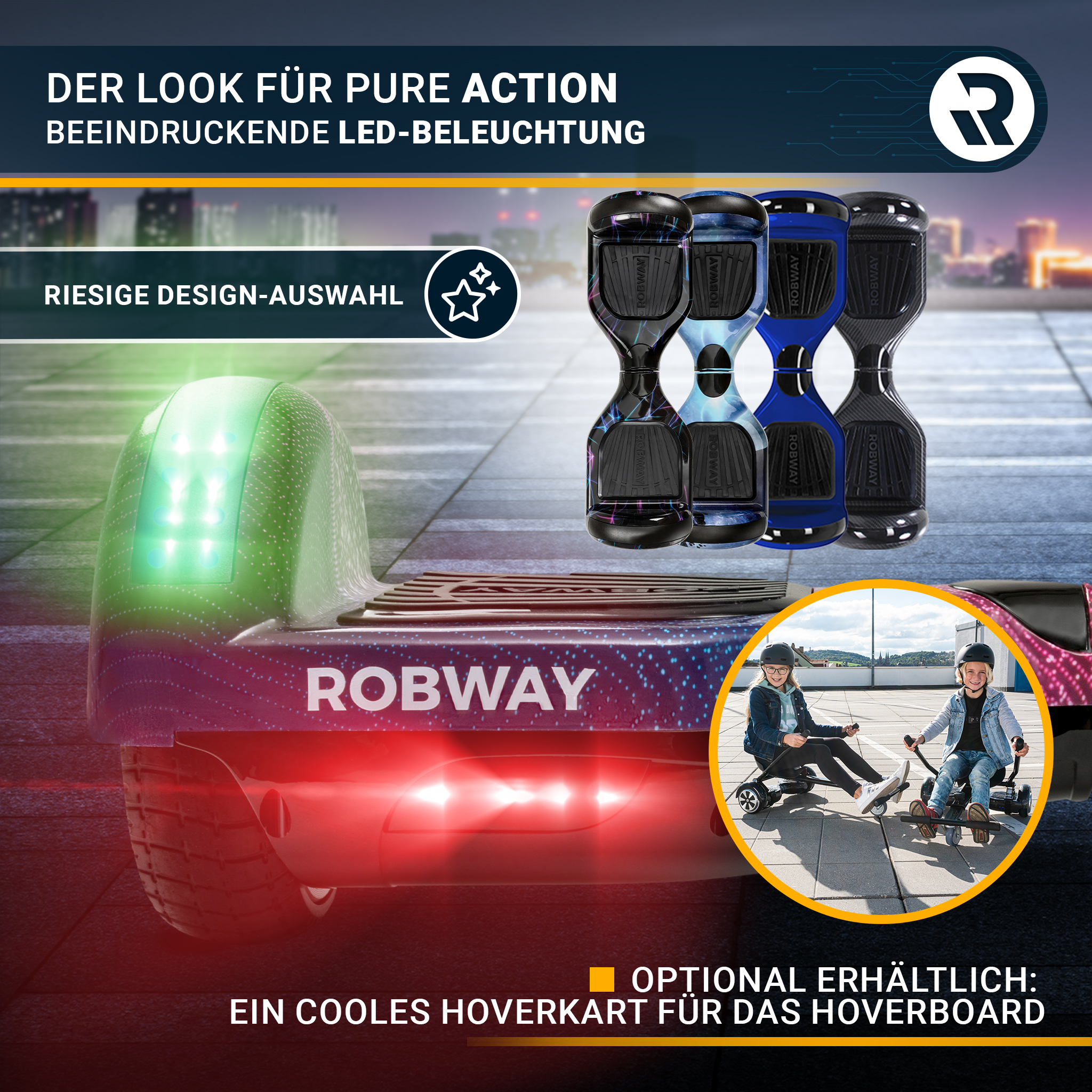 Hoverboards mit deutschem Text, Hoverkart-Option und Kind auf dem Hoverboard.