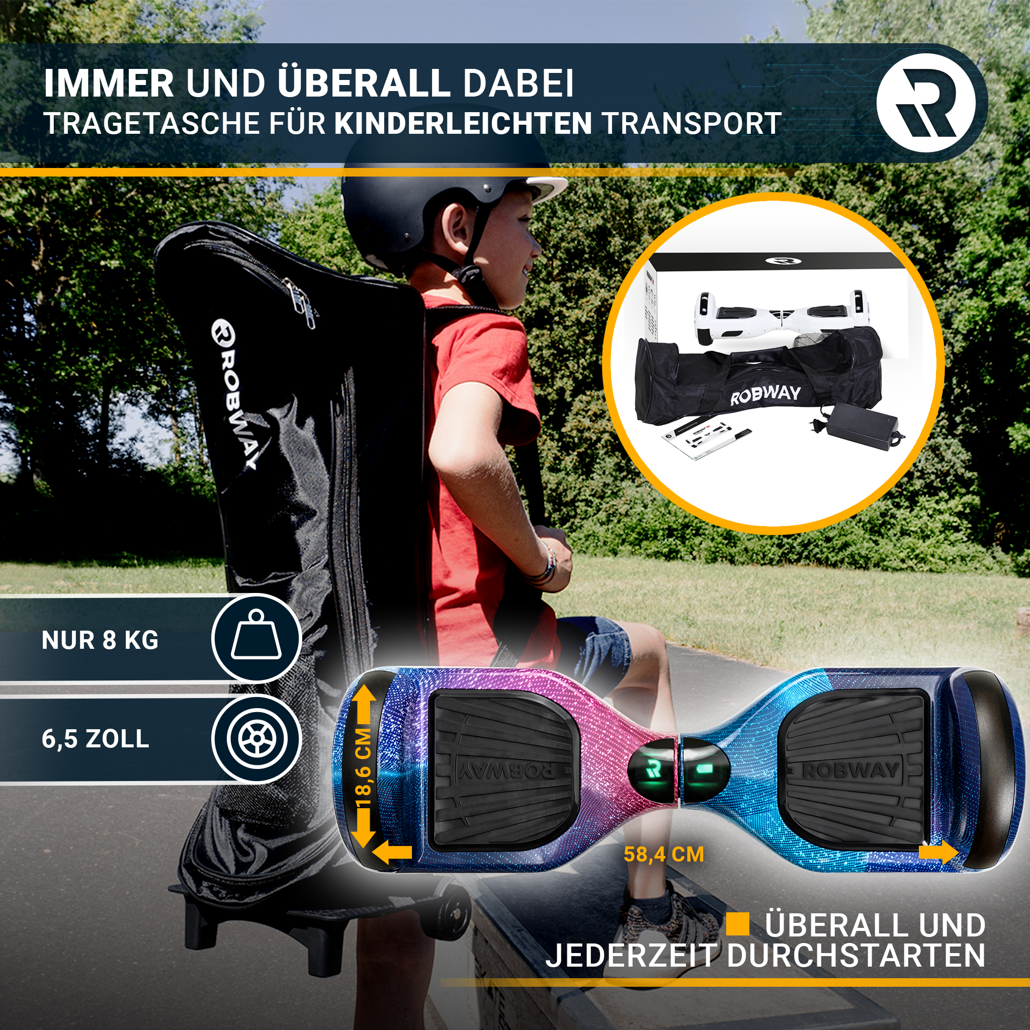 Ein Junge mit einer schwarzen Tasche steht neben einem blauen Hoverboard mit Text und Abmessungen.