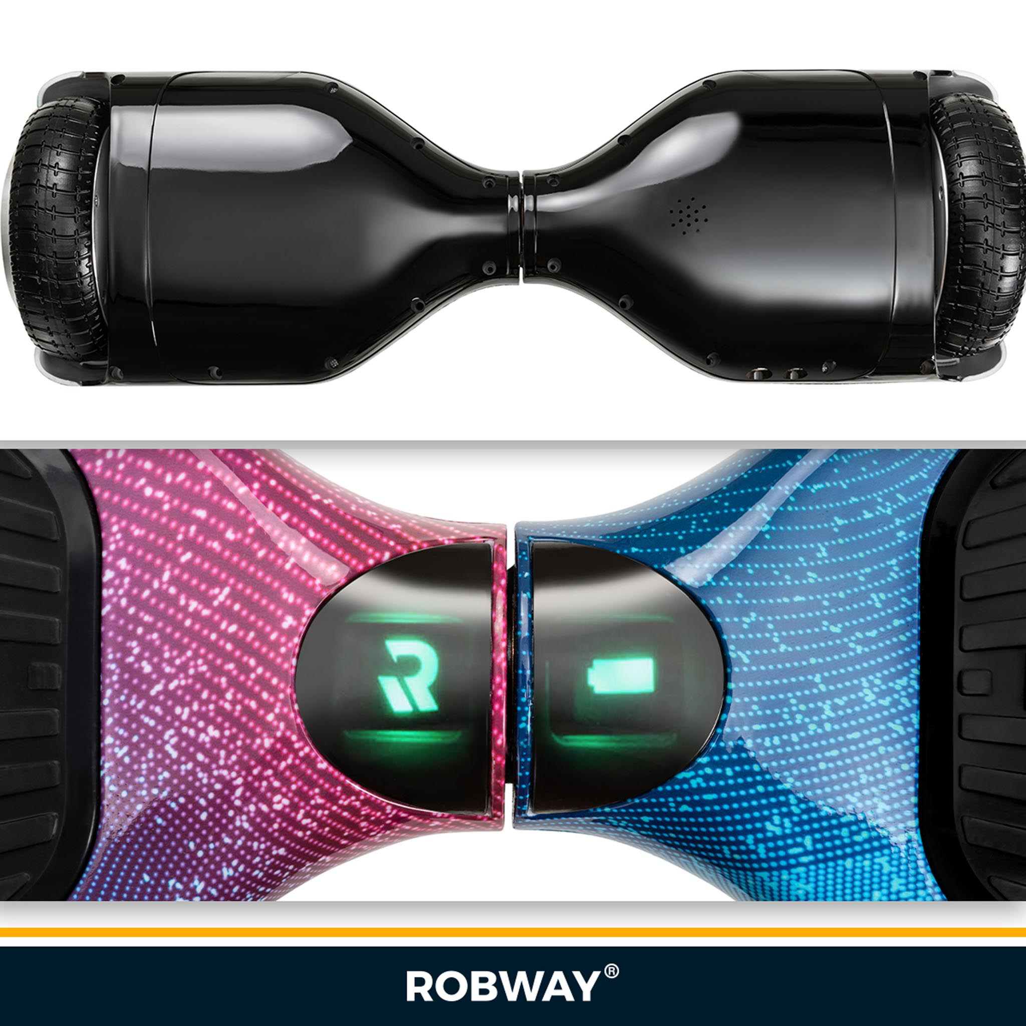 Ein Hoverboard, oben schwarz und unten mit einem rosa-blauen Muster und grünem Licht.