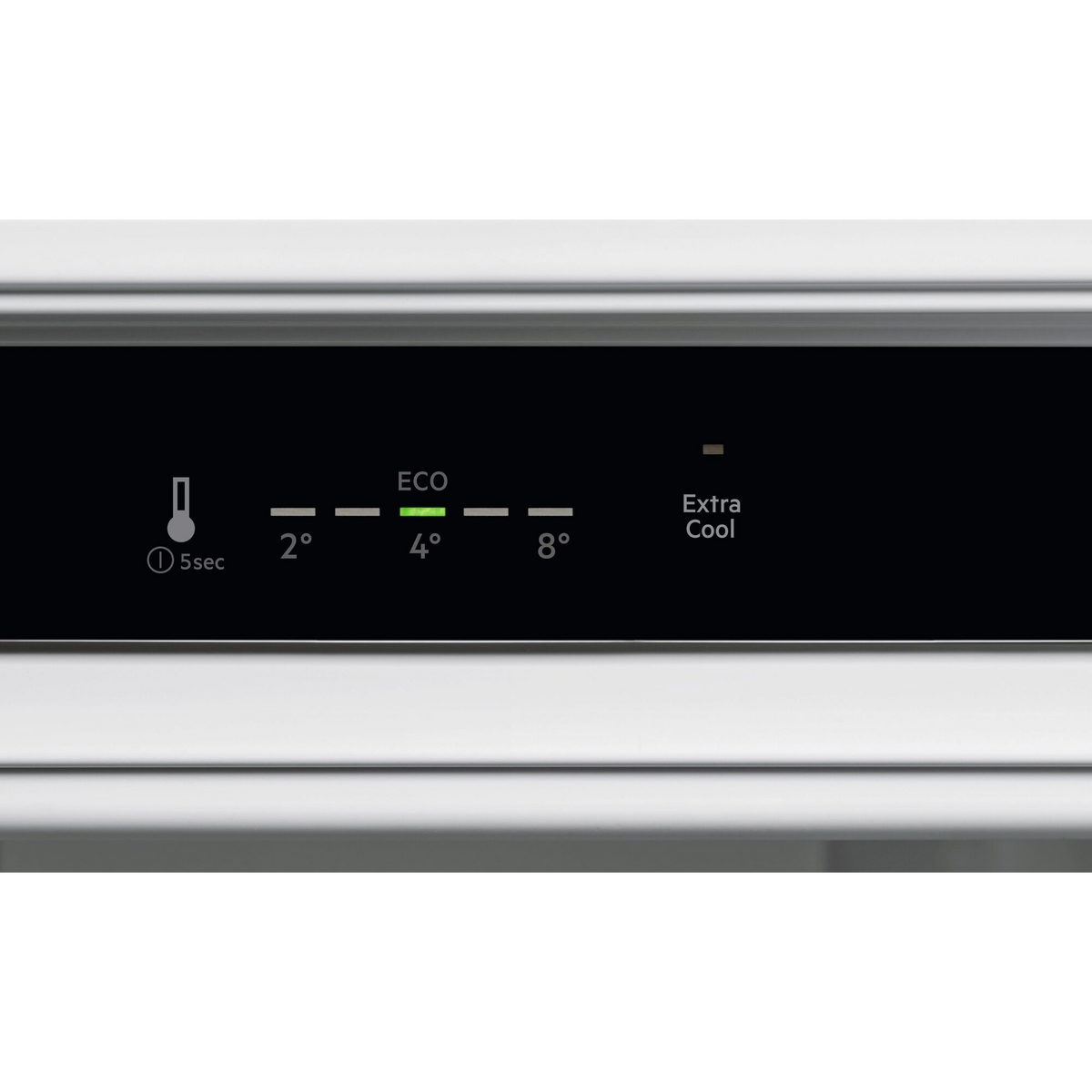 Panel de control del refrigerador que muestra configuraciones de temperatura y 'Extra Cool'.