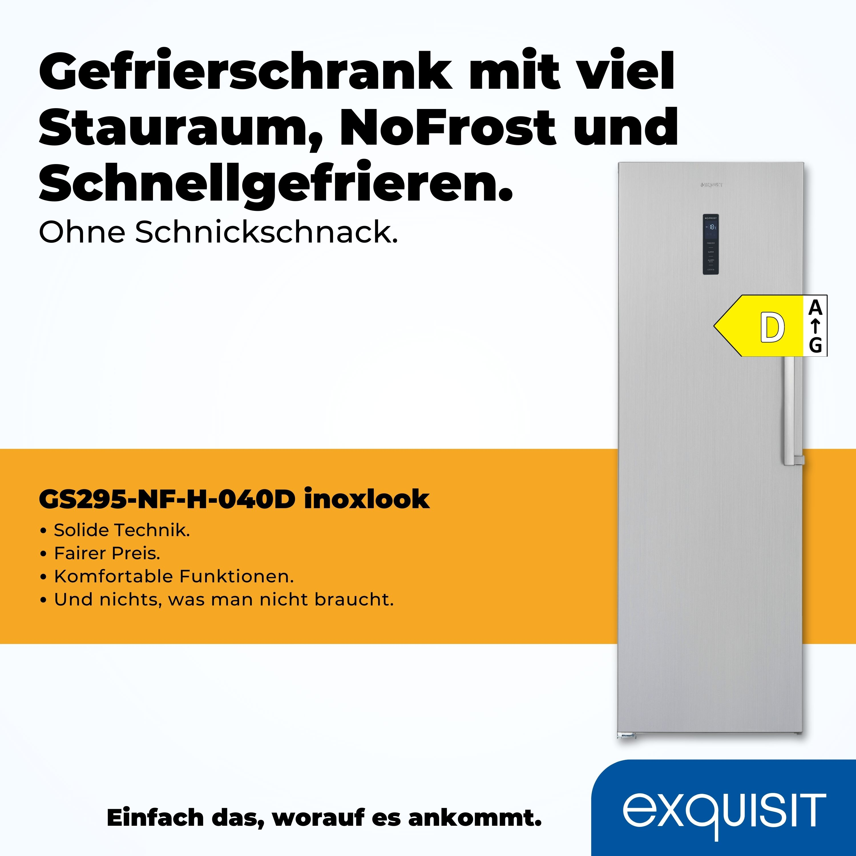 Ein silberner Kühlschrank mit einem Etikett, das Informationen zur Energieeffizienz anzeigt.