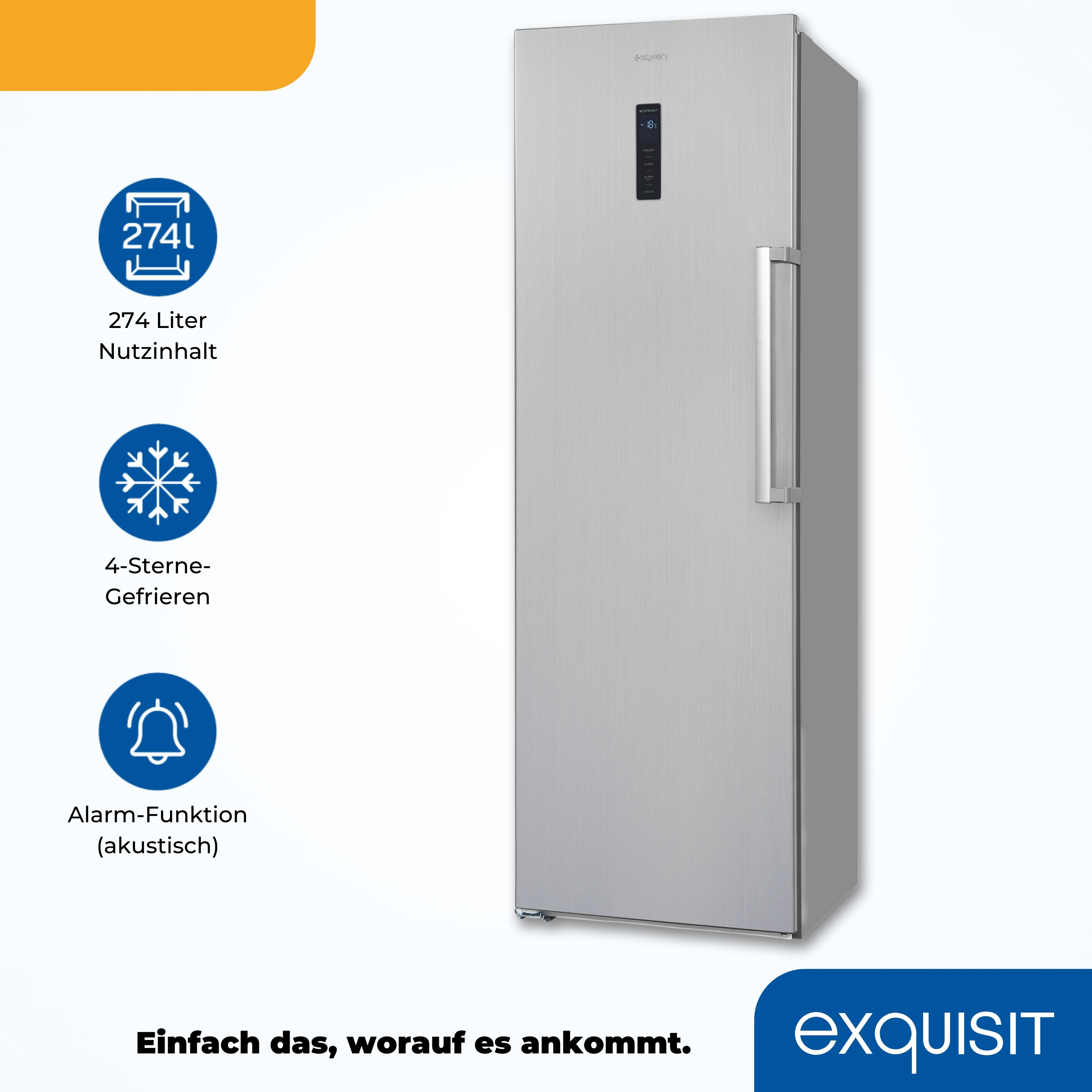 Silberner Kühlschrank. Symbole zeigen 274L Kapazität, 4-Sterne-Gefrieren und Alarmfunktion. Text: 'Einfach das, worauf es ankommt'.