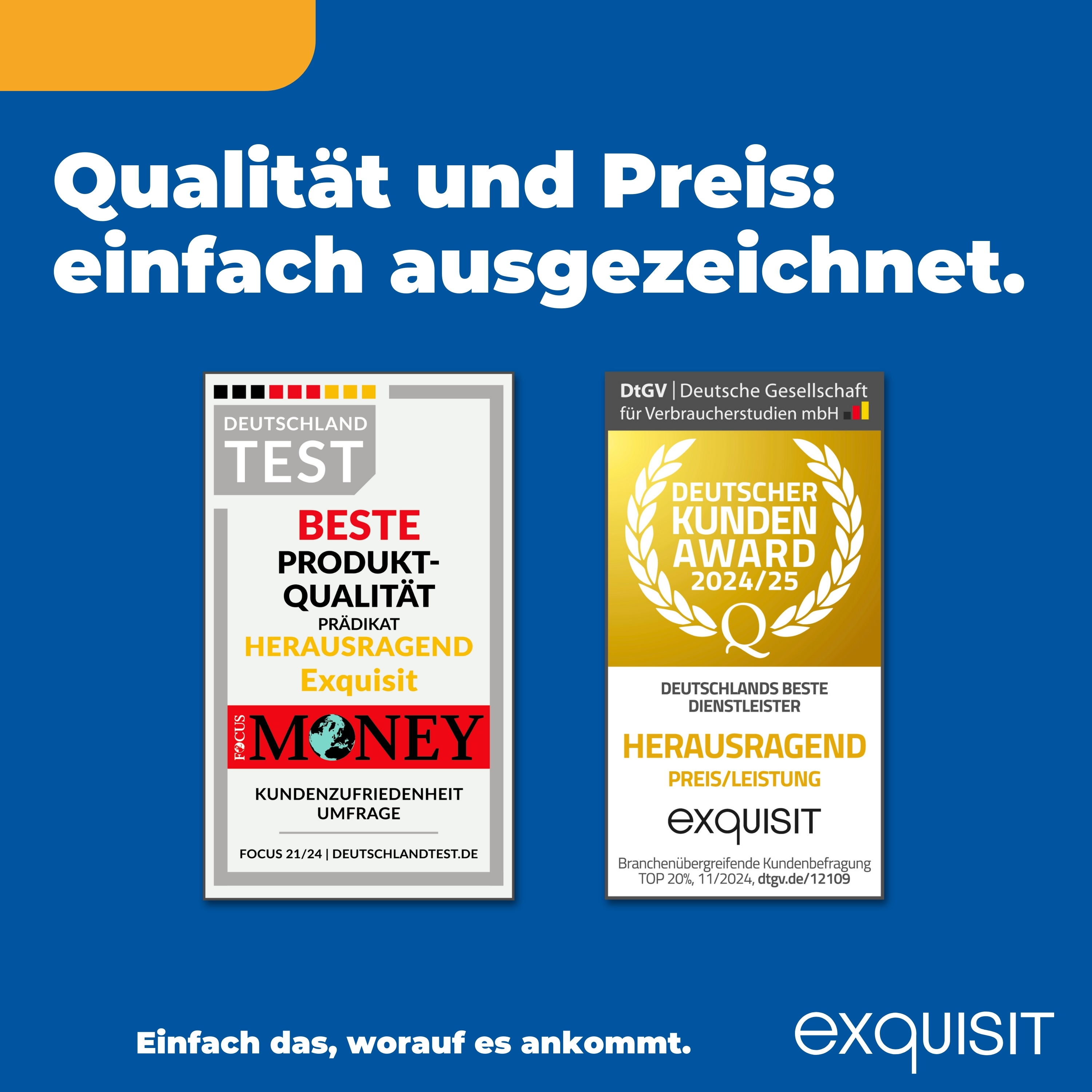 Zwei Auszeichnungen mit Text auf blauem Hintergrund. Die Auszeichnungen sind für Kundenzufriedenheit und Produktqualität.