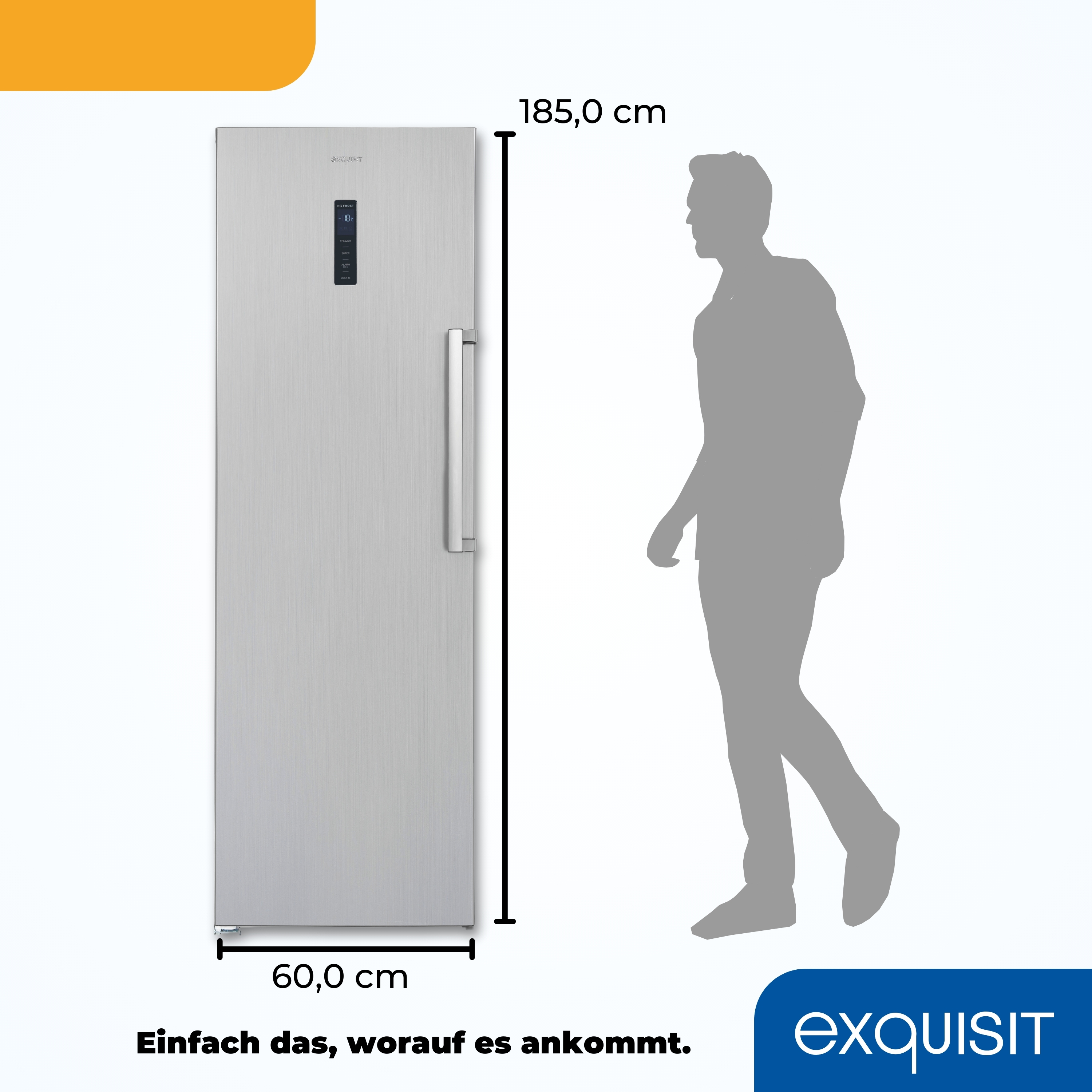 Ein hoher silberner Kühlschrank mit einer Männersilhouette. Maße sind mit Text angegeben. Weißer Hintergrund.