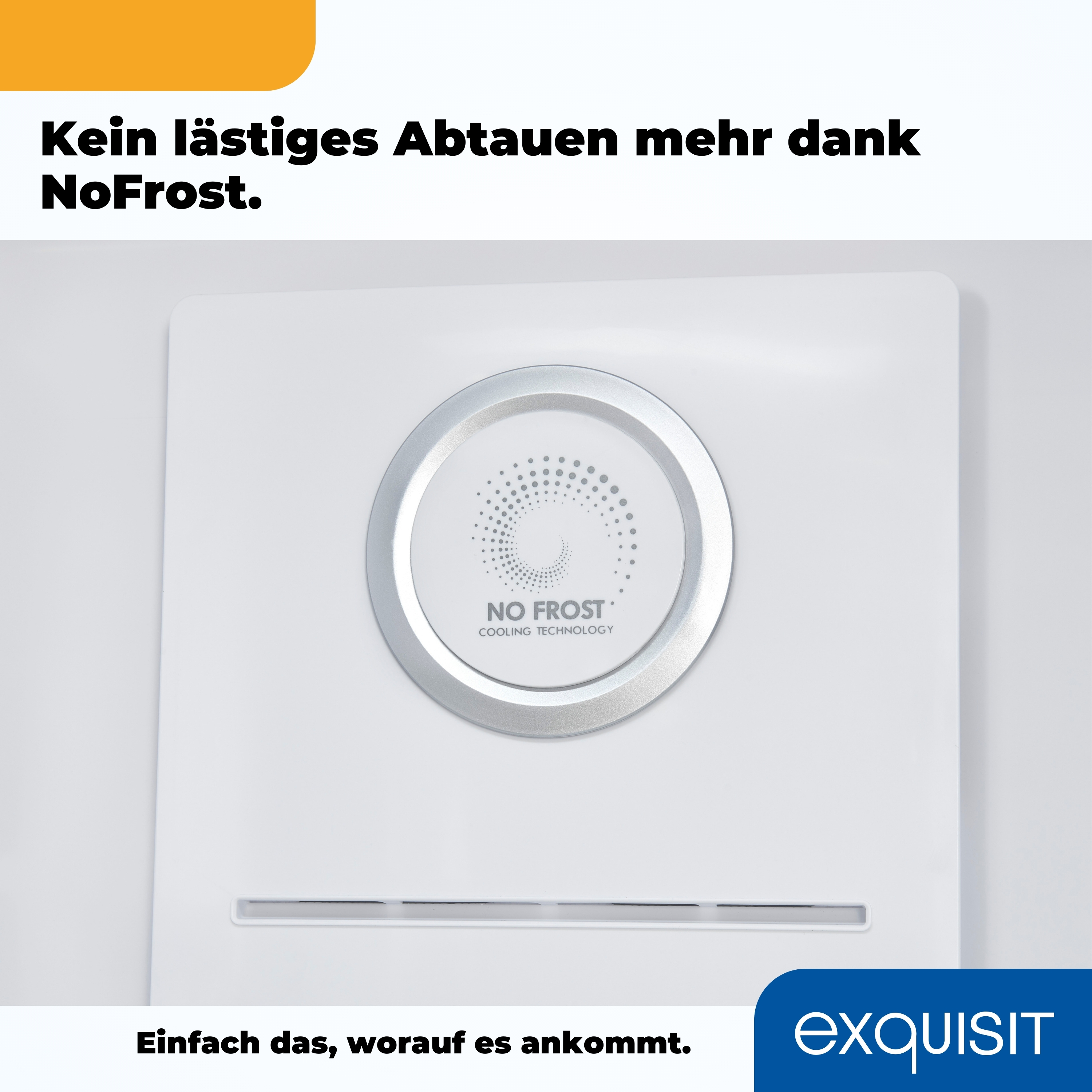 Weiße Kühlschranktür mit silbernem Kreis und Text zur No Frost Technologie. Blaues Logo unten.