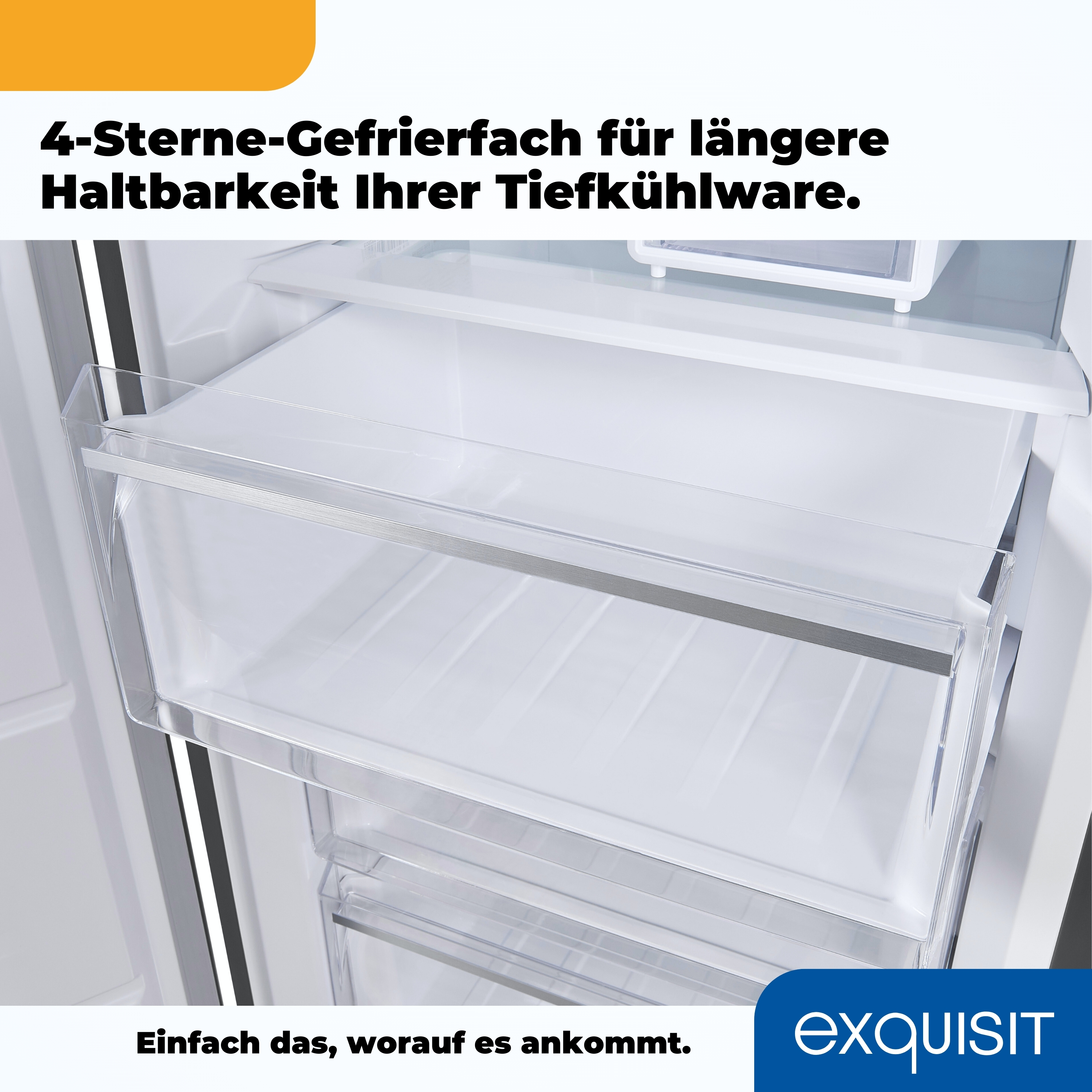Ein Kühlschrankinnenraum mit zwei transparenten Schubladen. Der Text lautet: '4-Sterne-Gefrierfach'.