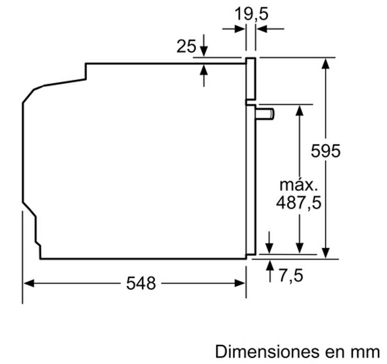 Dibujo técnico de un electrodoméstico con dimensiones en mm. Muestra vista lateral y dimensiones. Fondo blanco.
