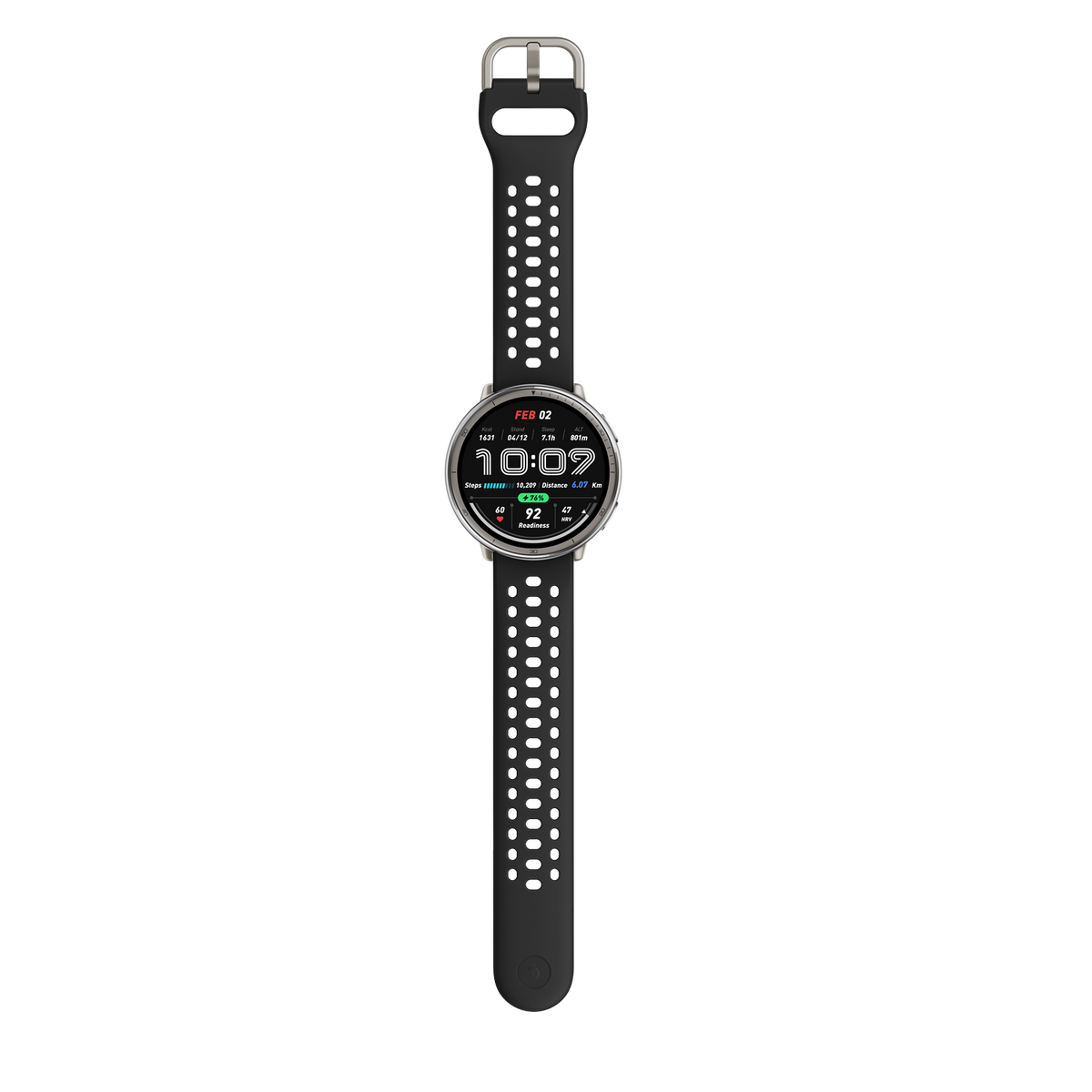 Czarny smartwatch z okrągłą tarczą wyświetlającą czas i wskaźniki zdrowia na czarnym tle.