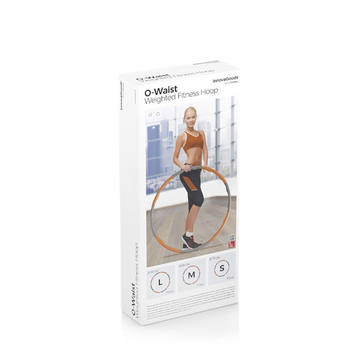 Una scatola del prodotto per un cerchio fitness ponderato O-Waist, che mostra una donna che usa il cerchio.