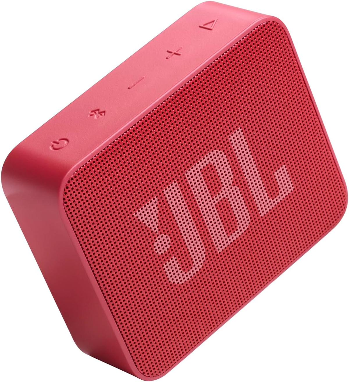 Rode JBL Go 2-luidspreker met knoppen en een luidsprekerrooster op een witte achtergrond.