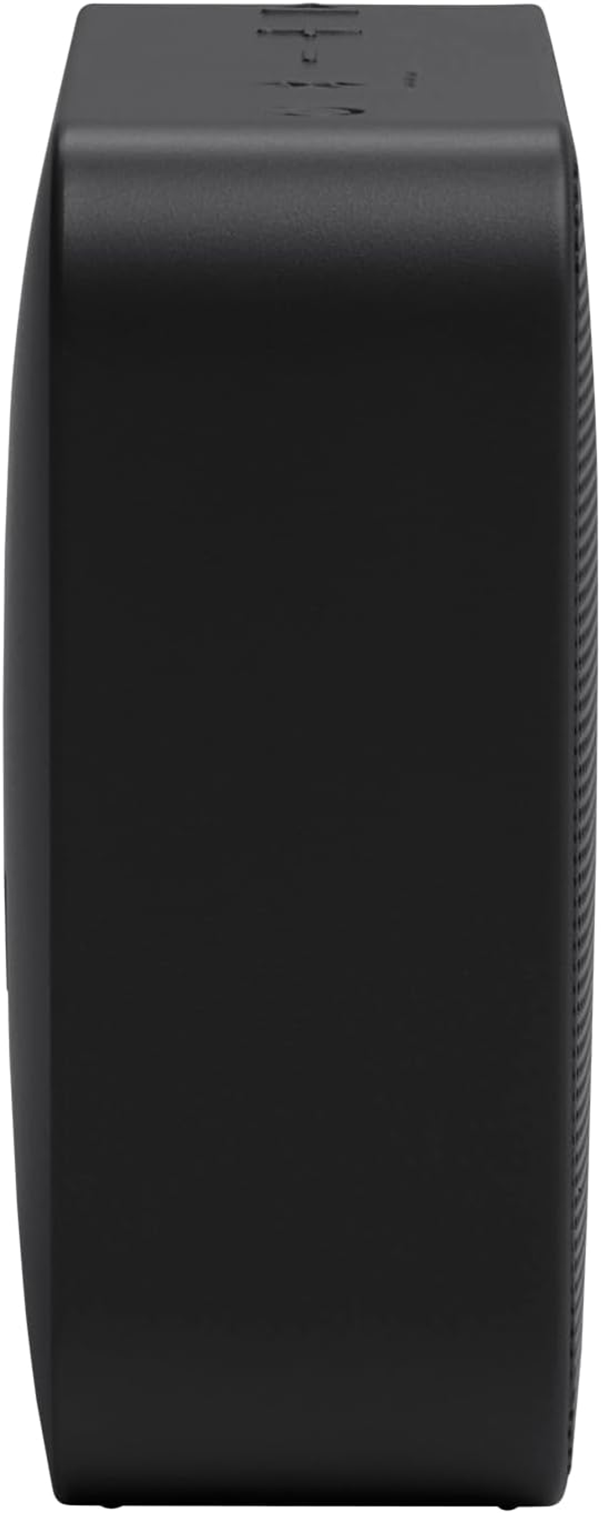 Black speaker side view, with mesh, black background.