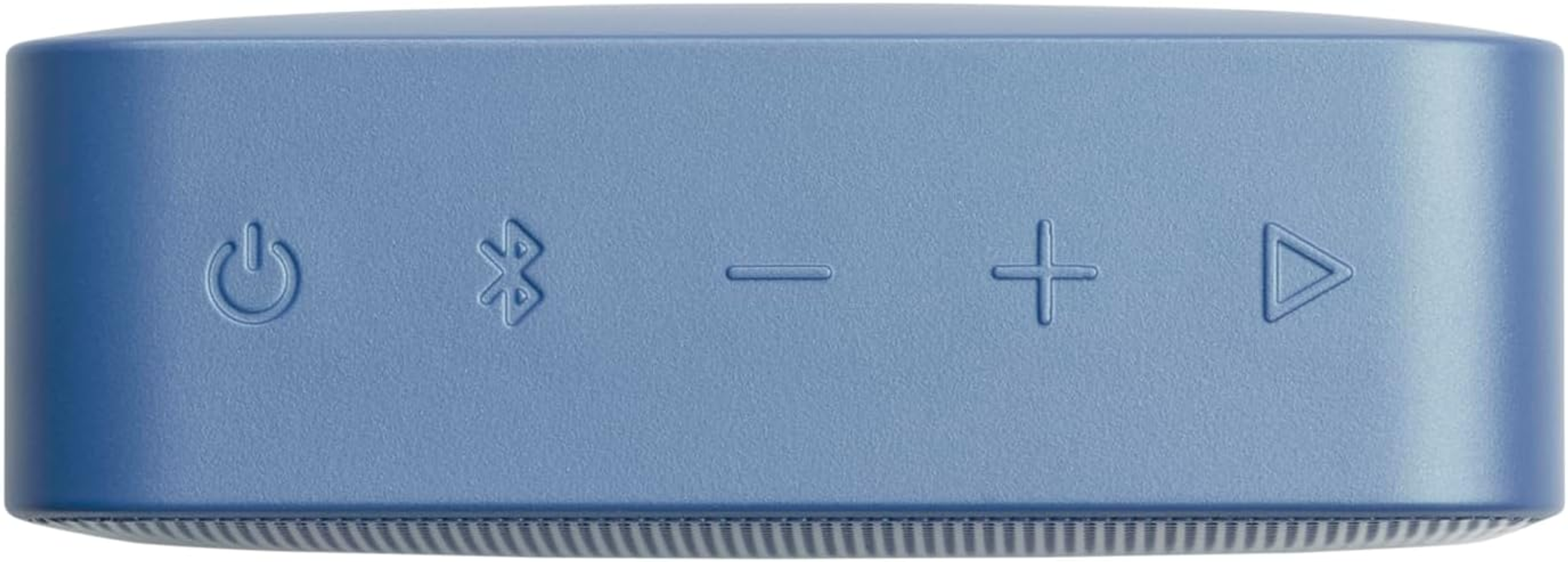 Niebieski głośnik z przyciskami zasilania, Bluetooth, głośności i odtwarzania.