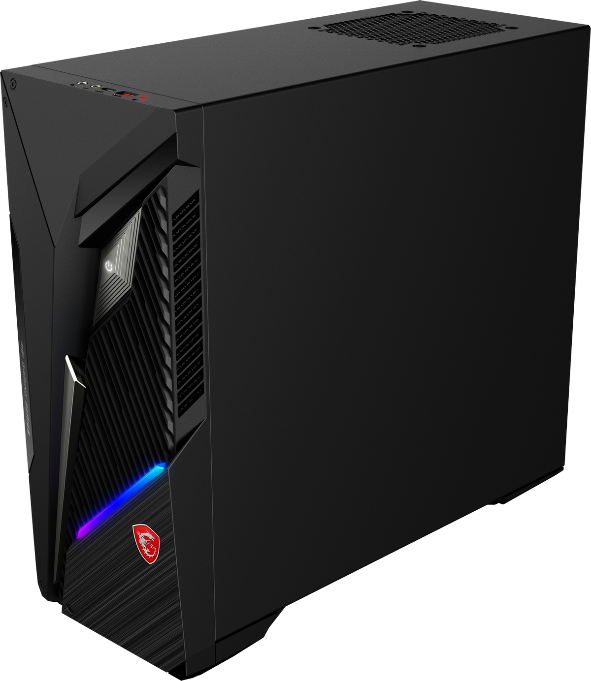 Czarny komputer do gier MSI o kątowej konstrukcji, z oświetleniem RGB i logo MSI z przodu, czarne tło.