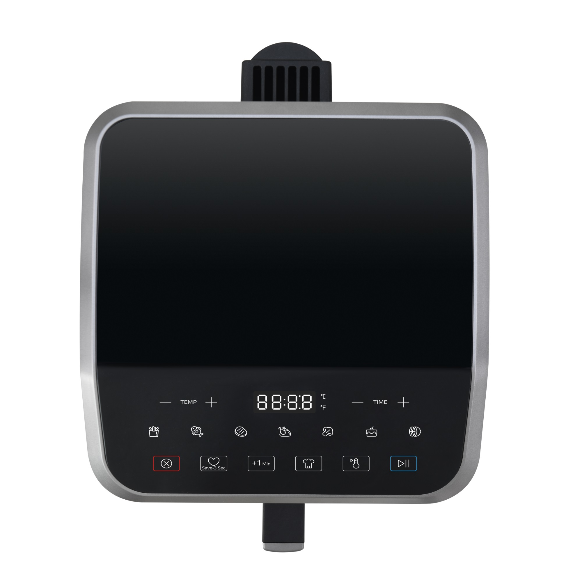 Widok z góry na czarną frytkownicę powietrzną z cyfrowym wyświetlaczem i przyciskami sterowania.