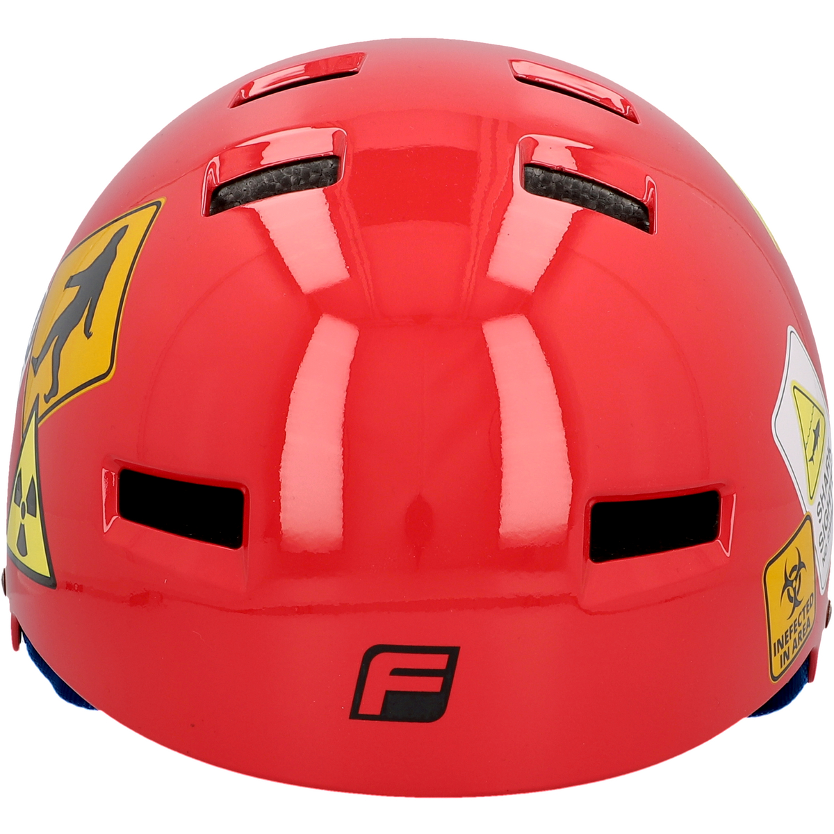 Ein roter Fahrradhelm mit Aufklebern, darunter Warnschilder und ein Logo hinten.