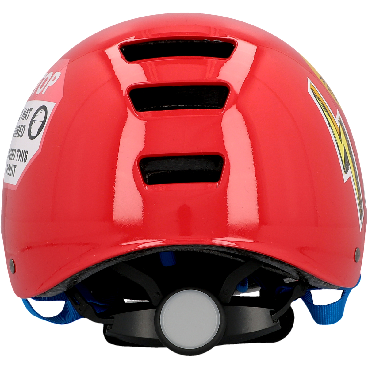 Roter Fahrradhelm mit Belüftungsschlitzen und weißen Aufklebern auf der Rückseite. Blaue Riemen sind sichtbar.