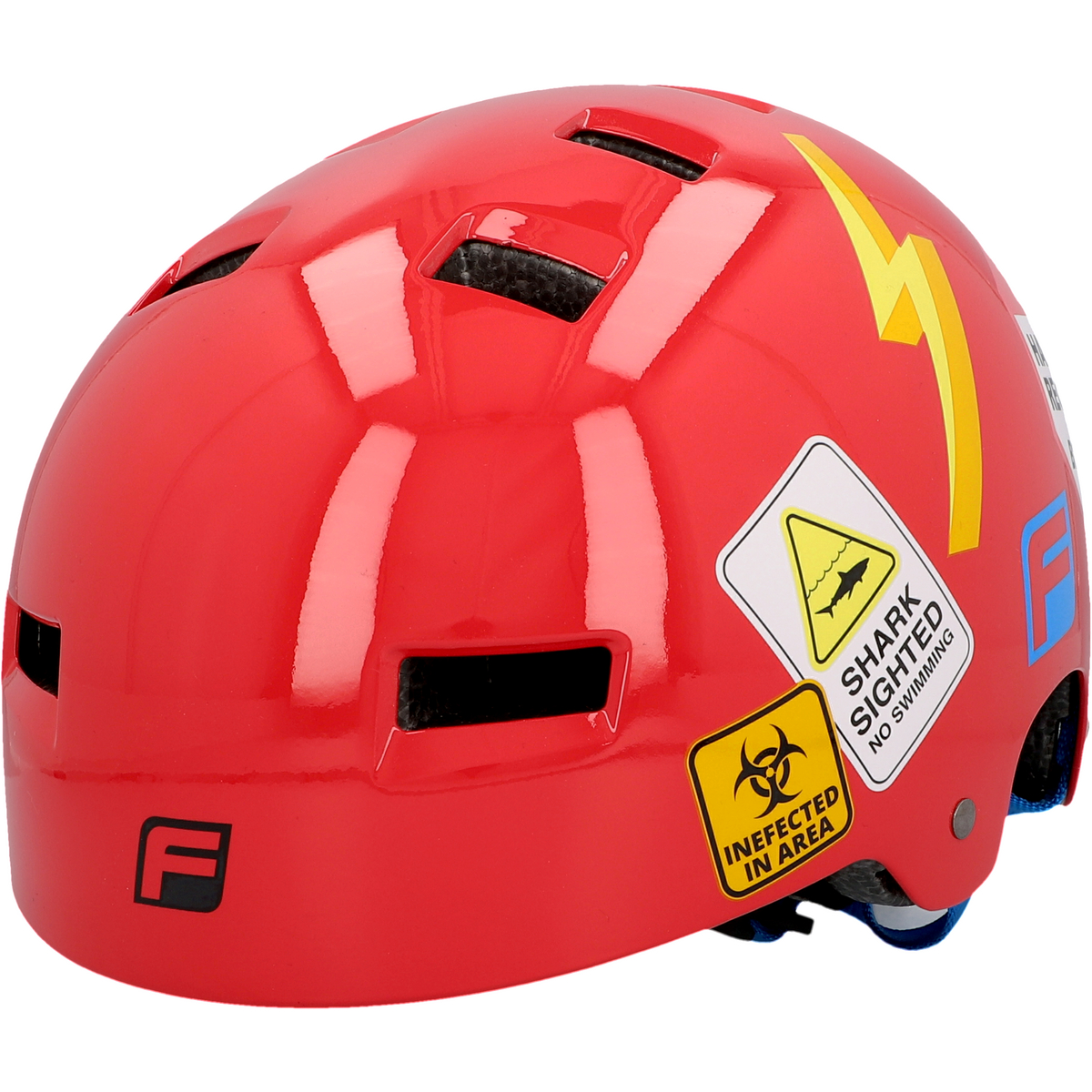 Roter Helm mit Blitz und Aufklebern: „Haifisch gesichtet, kein Schwimmen“ und „Infektionsgebiet“.