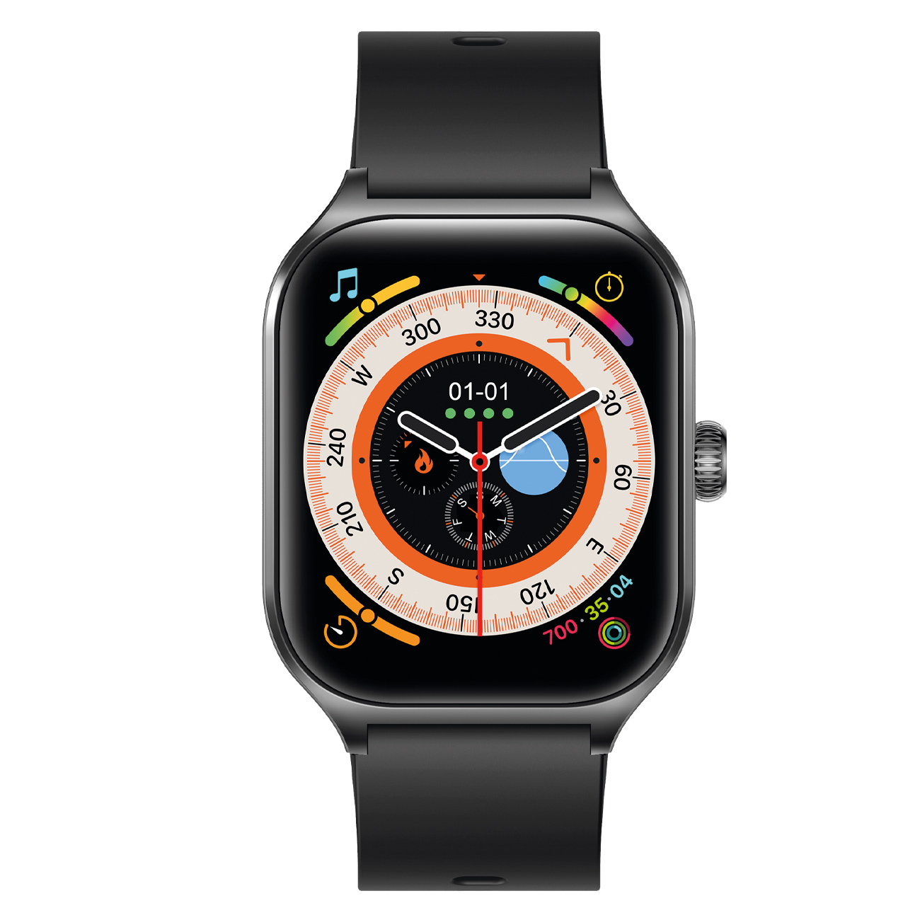Smartwatch nero con cinturino nero, che mostra un display colorato con dati e icone.
