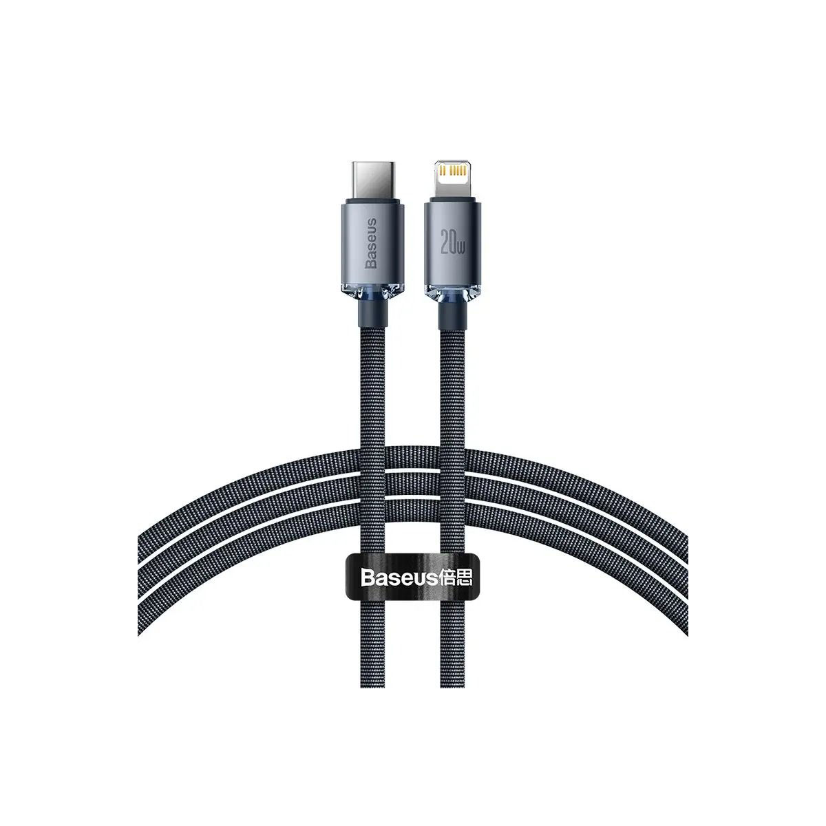 Kabel ładujący Baseus z złączami USB-C i Lightning, z teksturowanym kablem.